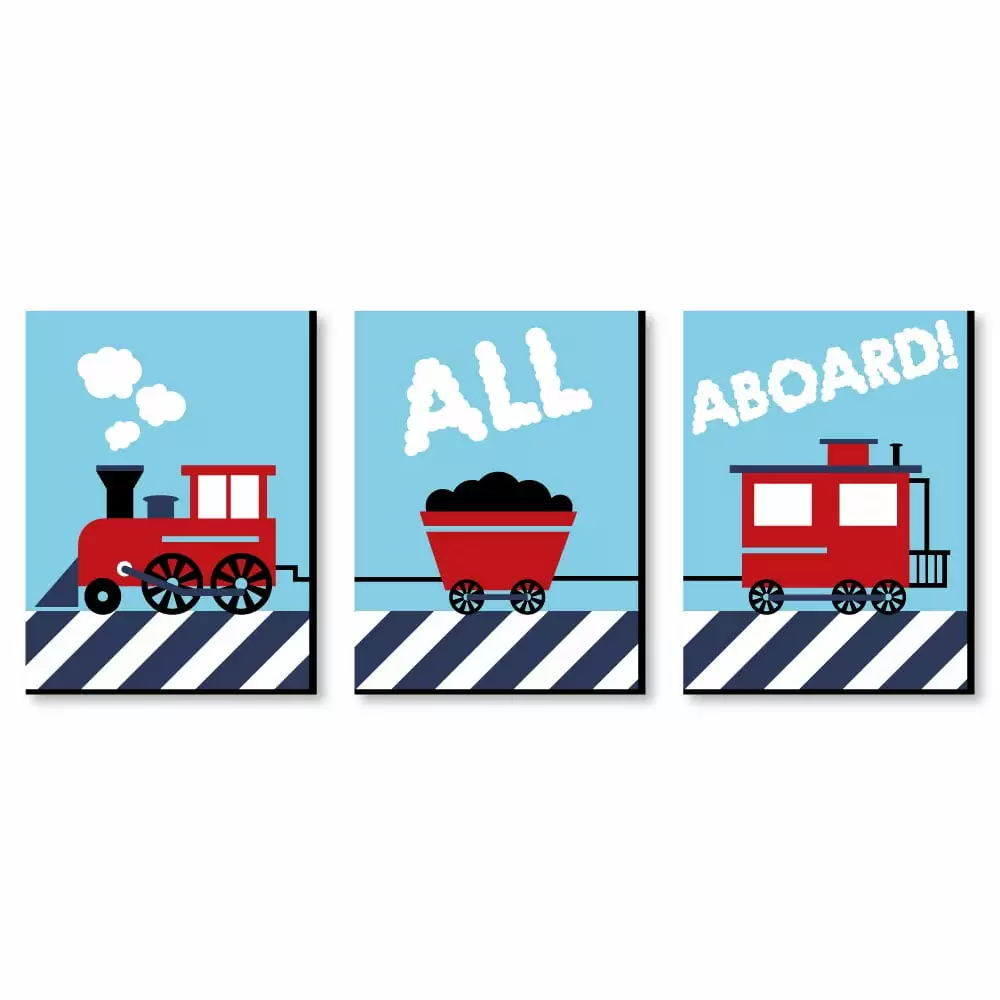 Big Dot of Happiness Railroad Crossing - Steam Train Baby Boy Nursery Wall Art and Kids Room Decor - Gift Ideas - 7.5 x 10 inches - Set of 3 Prints