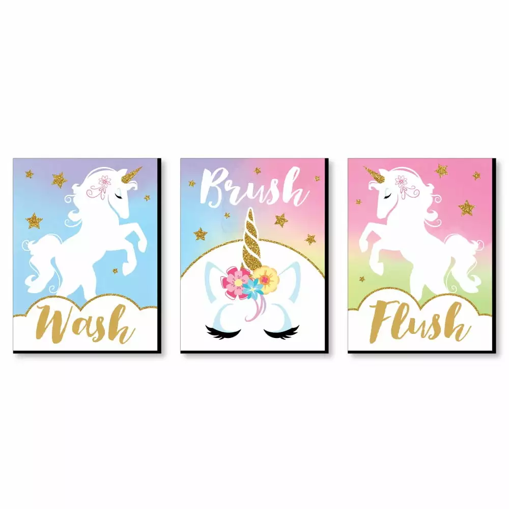 Big Dot of Happiness Rainbow Unicorn - Kids Bathroom Rules Wall Art - 7.5 x 10 inches - Set of 3 Signs - Wash. Brush. Flush