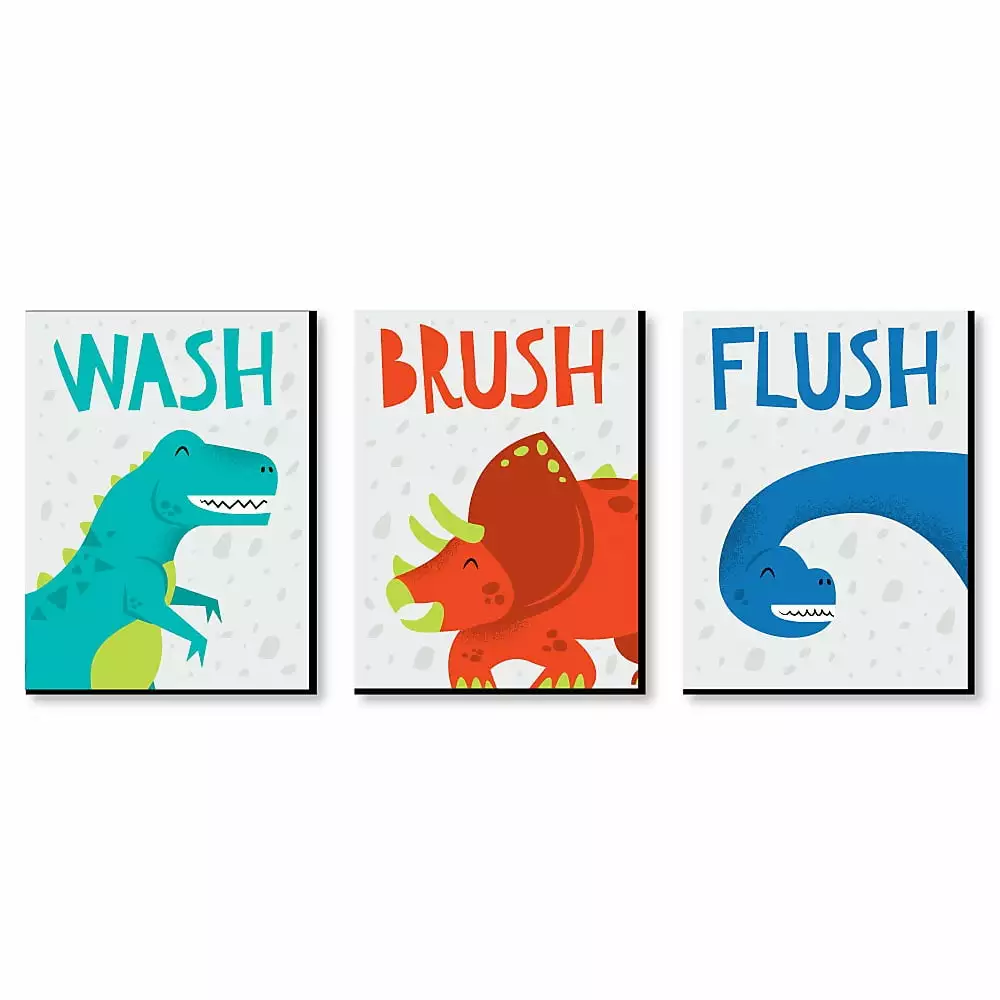 Big Dot of Happiness Roar Dinosaur - Dino T-Rex Kids Bathroom Rules Wall Art - 7.5 x 10 inches - Set of 3 Signs - Wash. Brush. Flush