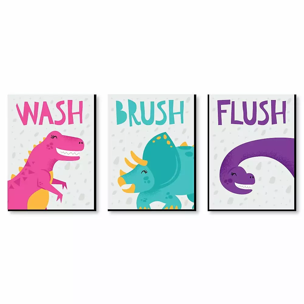 Big Dot of Happiness Roar Dinosaur Girl - Kids Bathroom Rules Wall Art - 7.5 x 10 inches - Set of 3 Signs - Wash. Brush. Flush