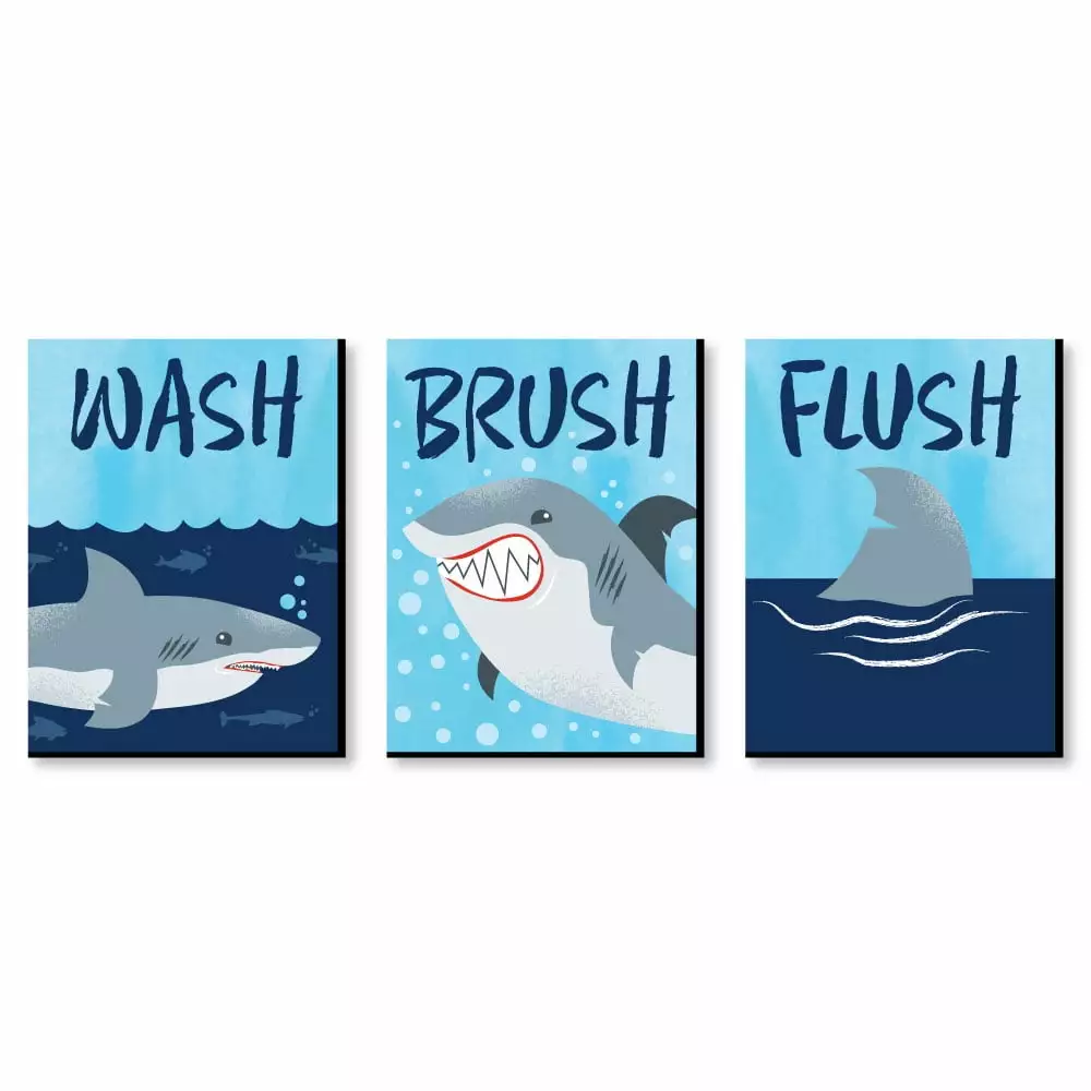 Big Dot of Happiness Shark Zone - Kids Bathroom Rules Wall Art - 7.5 x 10 inches - Set of 3 Signs - Wash. Brush. Flush