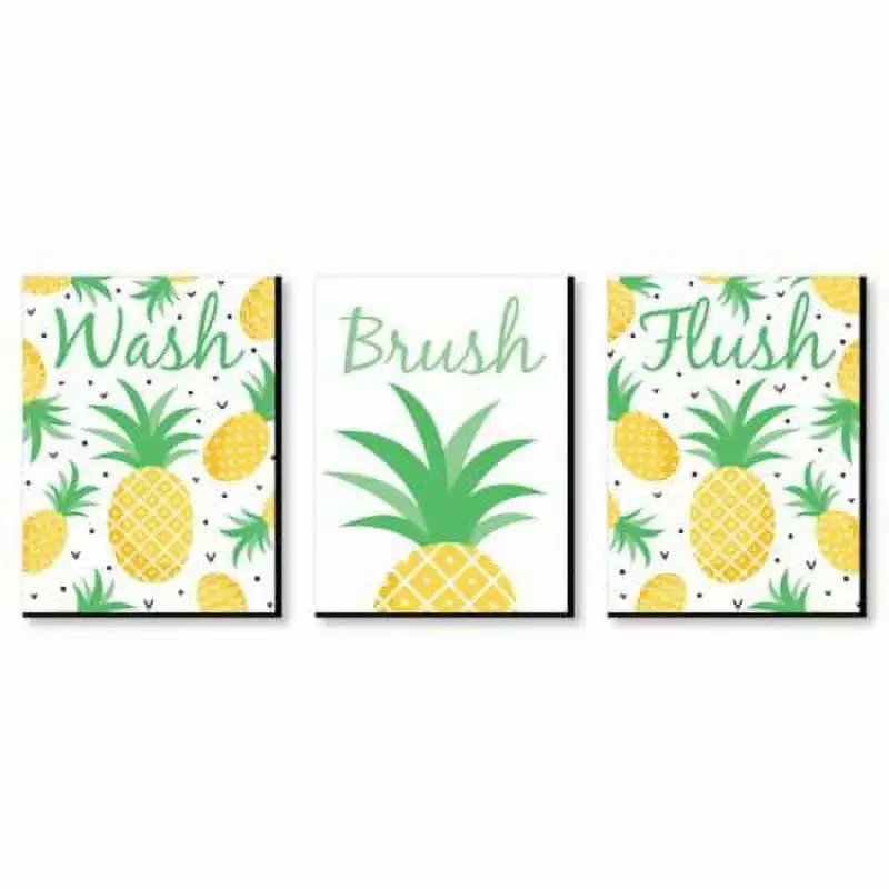 Big Dot of Happiness Tropical Pineapple - Kids Bathroom Rules Wall Art - 7.5 x 10 inches - Set of 3 Signs - Wash. Brush. Flush