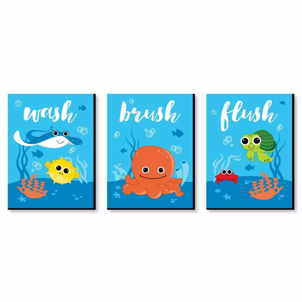 Big Dot of Happiness Under the Sea Critters - Kids Bathroom Rules Wall Art - 7.5 x 10 inches - Set of 3 Signs - Wash. Brush. Flush