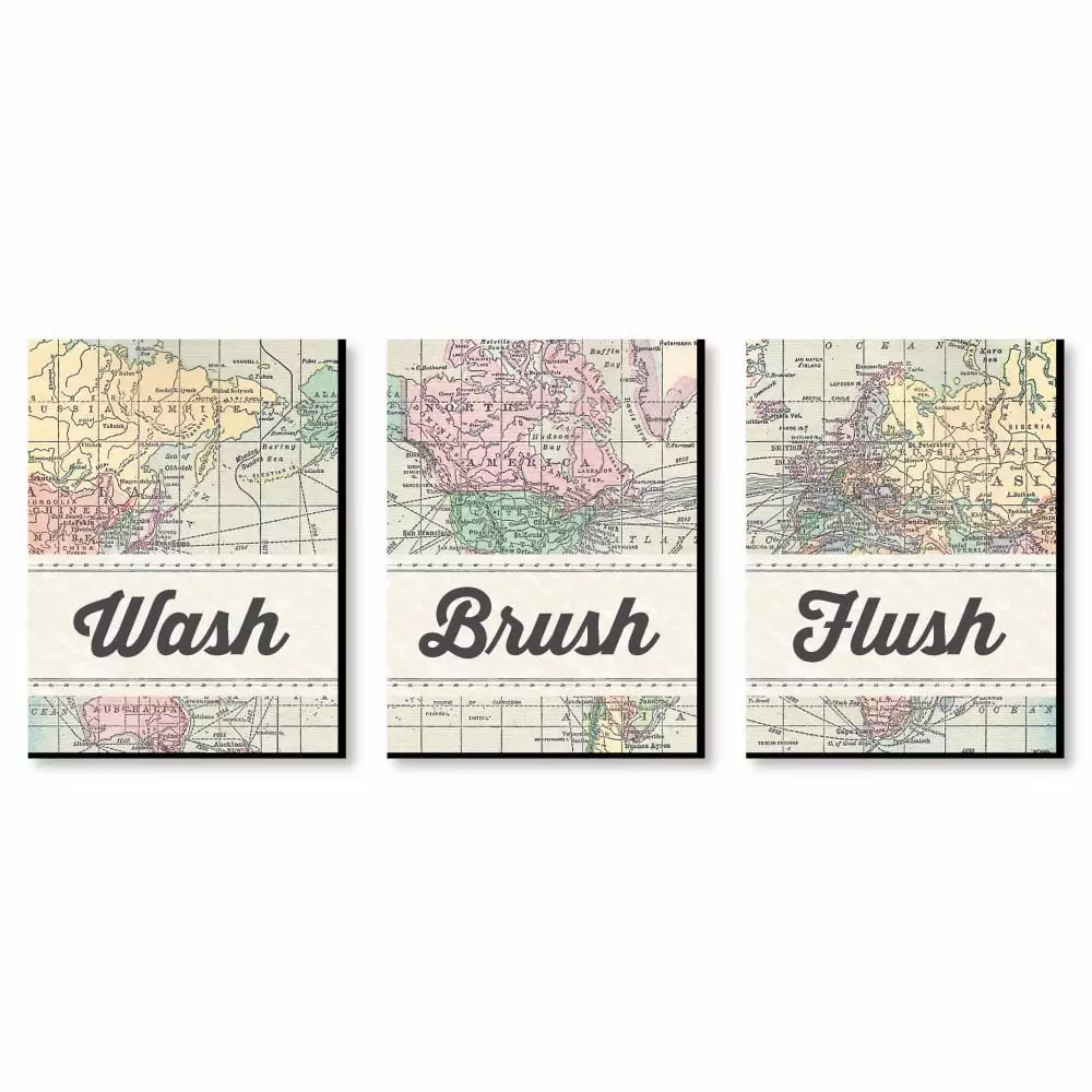 Big Dot of Happiness World Awaits - Travel Themed Kids Bathroom Rules Wall Art - 7.5 x 10 inches - Set of 3 Signs - Wash. Brush. Flush