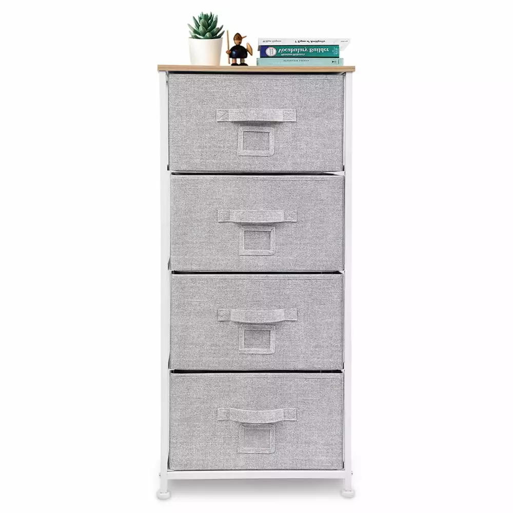 Bigroof 4 Drawer Dresser Storage Organizer. Fabric Drawers Closet Shelves for Kids Bedroom Nursery Steel Frame Wood Top with Fabric Bins for Clothing Blankets Plush Toy (Light Grey-4 Drawers