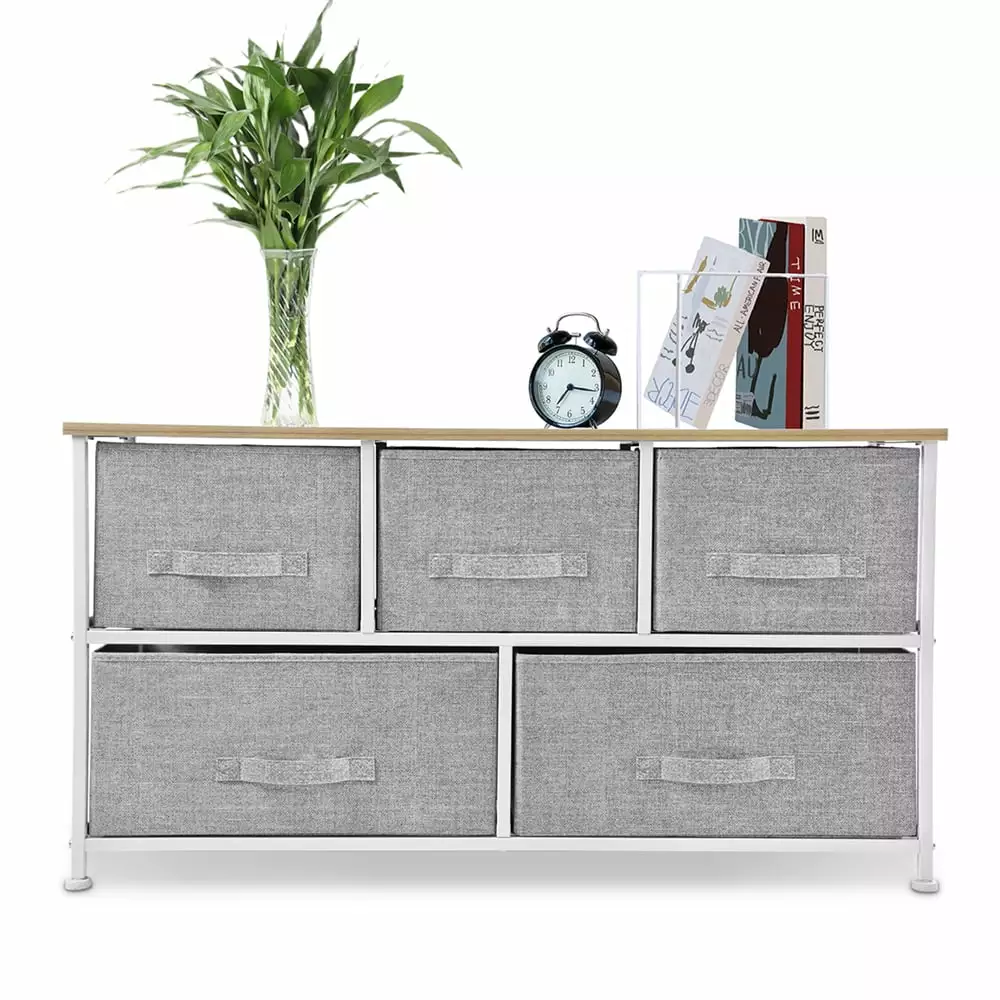 Bigroof 5 Drawer Dresser Storage Organizer. Fabric Drawers Closet Shelves for Bedroom Steel Frame Wood Top with Fabric Bins for Clothing Blankets Plush Toy (Light Grey-5 Drawers)