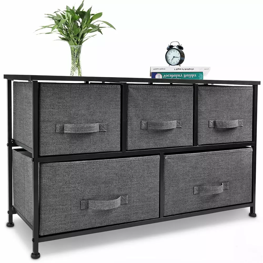 Bigroof Drawer Dresser Storage Tower with Sturdy Steel Frame Easy Pull Fabric Bins Organizer Unit for Bedroom. Hallway. Dark Gray. 5 Drawers. 39.3Lx11.4Wx21.6H