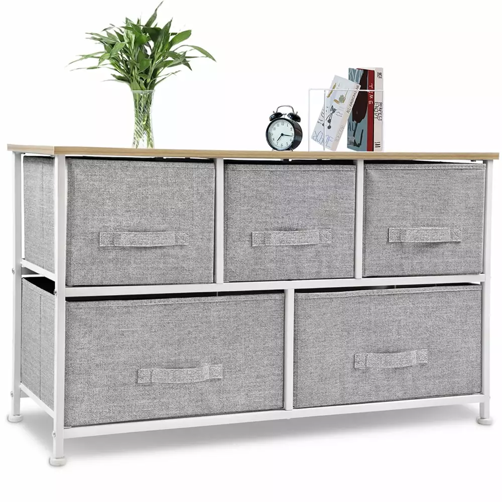 Bigroof Drawer Dresser Storage Tower with Sturdy Steel Frame Easy Pull Fabric Bins Organizer Unit for Bedroom. Hallway. Entryway Closets Light Gray. 5 Drawers