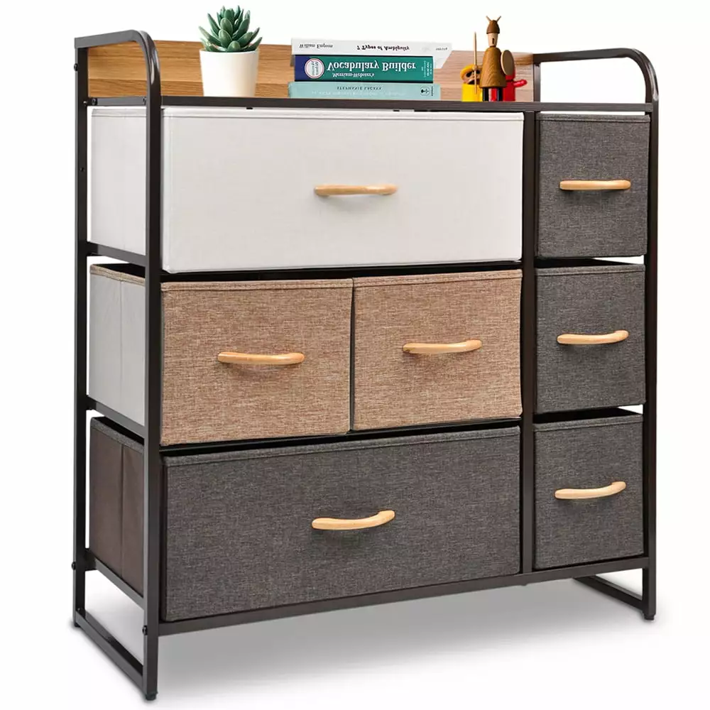 Bigroof Drawer Dresser Storage Tower with Sturdy Steel Frame Easy Pull Fabric Bins Organizer Unit Kids Dresser for Bedroom. Hallway. Entryway Closets Multi-Color. 7 Drawers Wood Handles