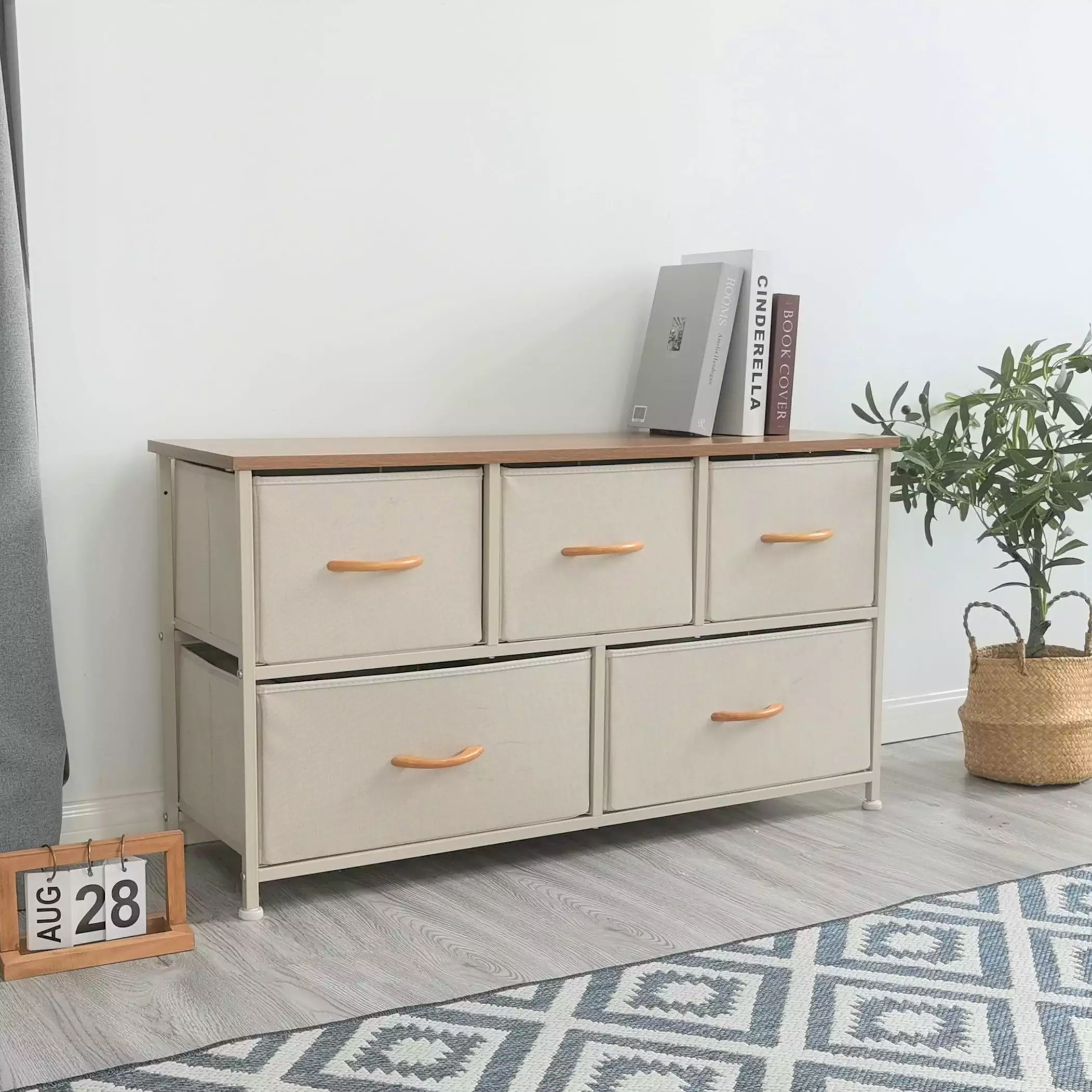 Bigroof Dresser for Kids Bedroom with 5 Drawers. Storage Drawer Organizer. Wide Chest of Drawers for Closet. Clothes. Kids. Baby.Nursery TV Stand with Storage Drawers. Wood Board. Fabric Drawer