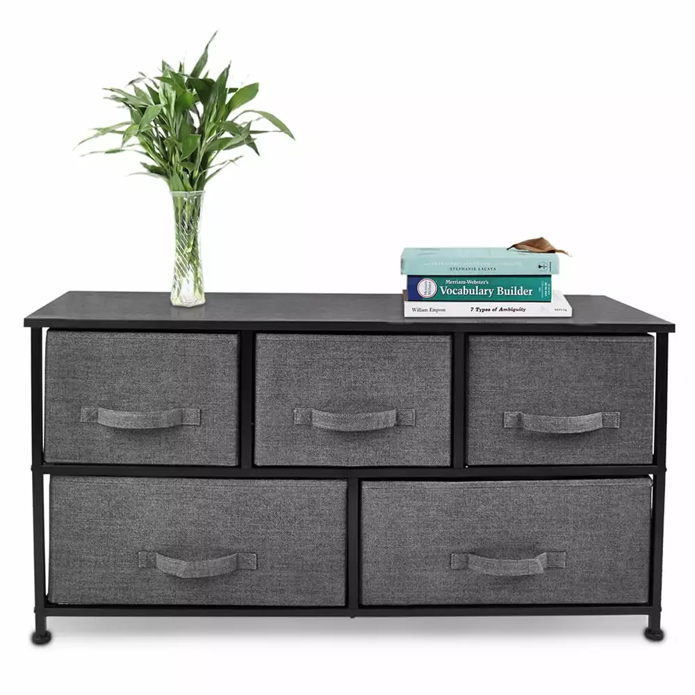 Bigroof Dresser Storage Organizer. Fabric Drawers Closet Shelves for Bedroom Bathroom Laundry Steel Frame Wood Top with Fabric Bins for Clothing Blankets Plush Toy (Dark Grey-5 Drawers)