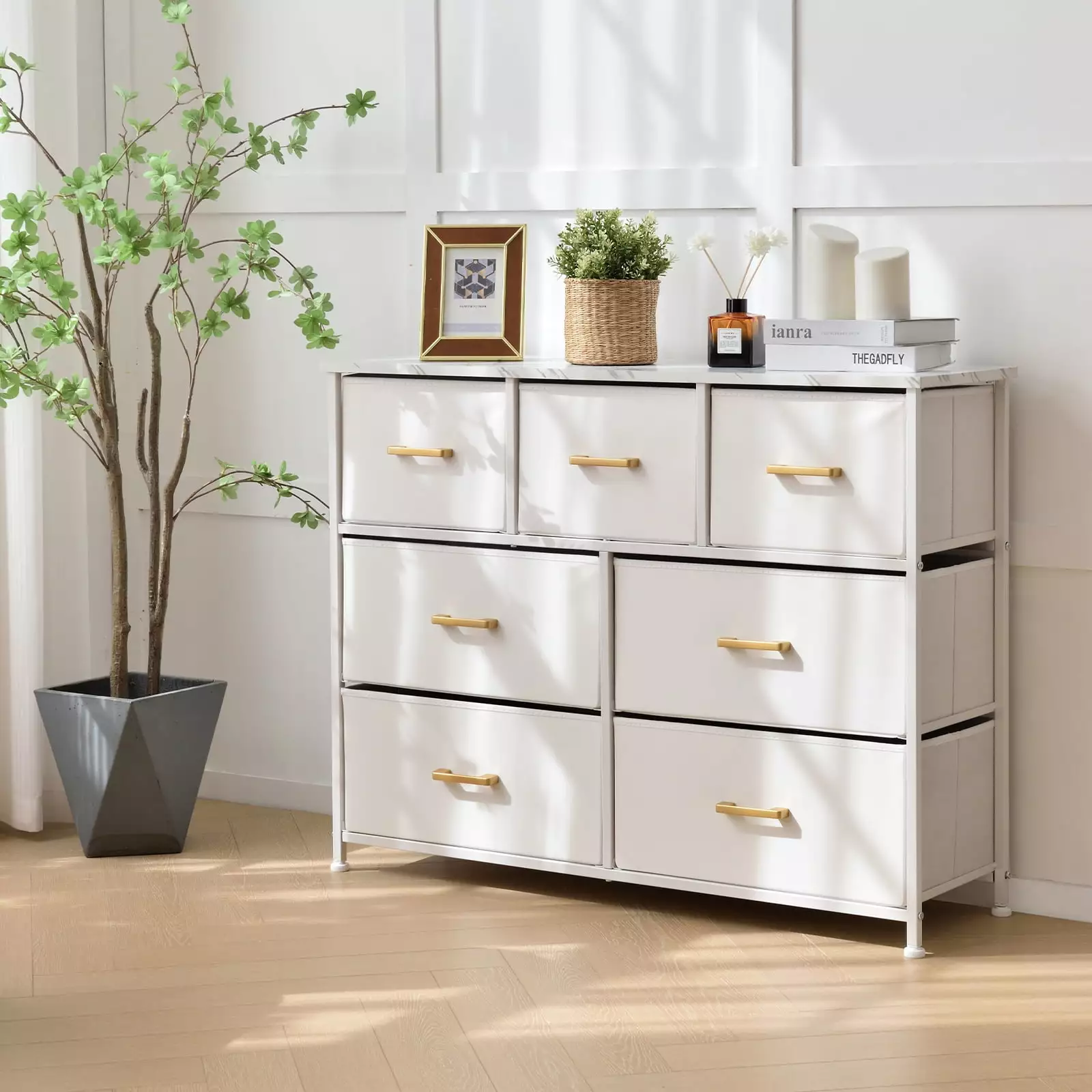 Bigroof White Dresser for bedroom with Artificial Leather Luxury Dresser with Wood Top for Closet Entryway Hallway Nusery Kids Bedroom Modern Easy to Assemble Living Room