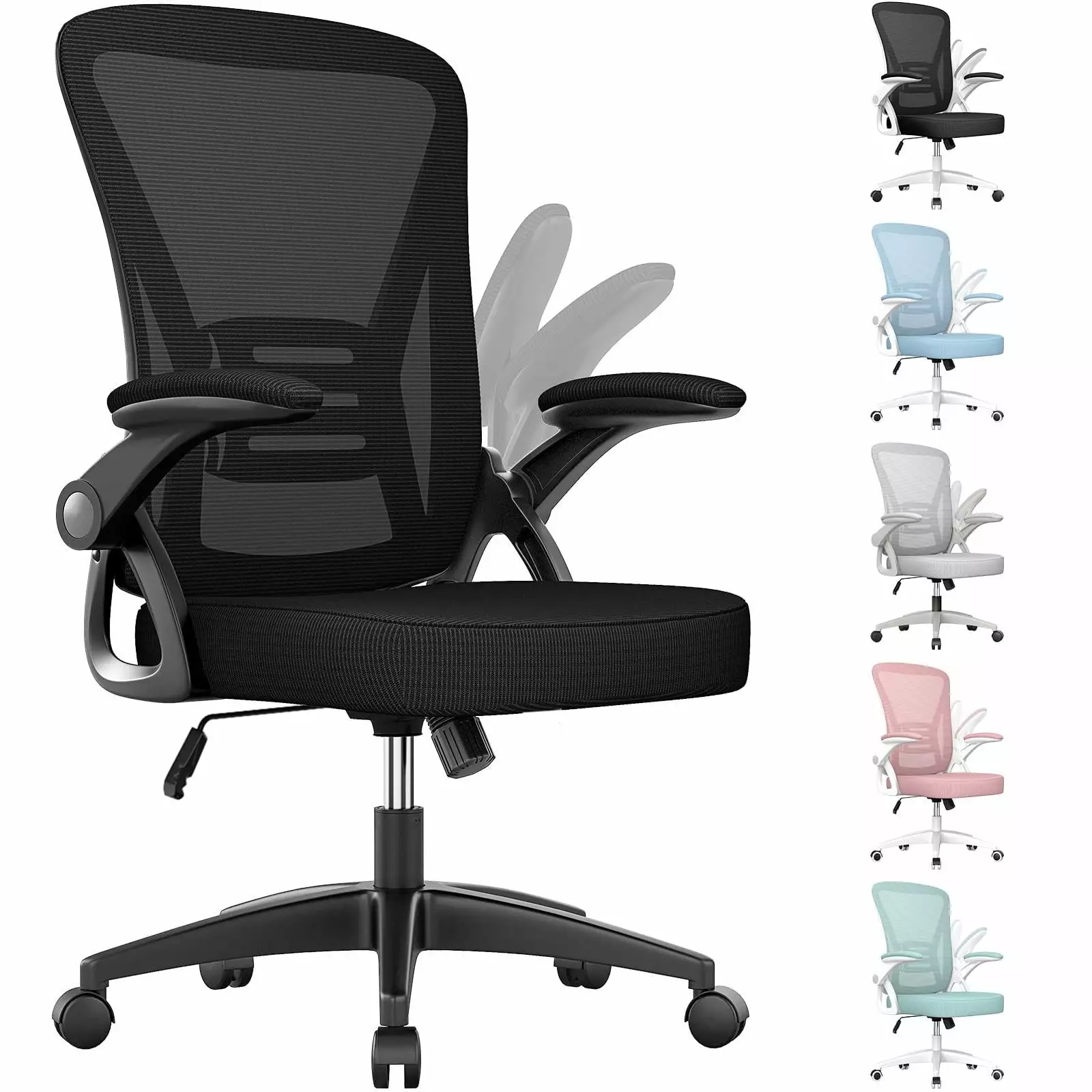 Bigzzia Ergonomic Office Chair. Mid-Back Computer Chair with Adjustable Height. Flip-Up Arms and Lumbar Support. Mesh Desk Chair. Black