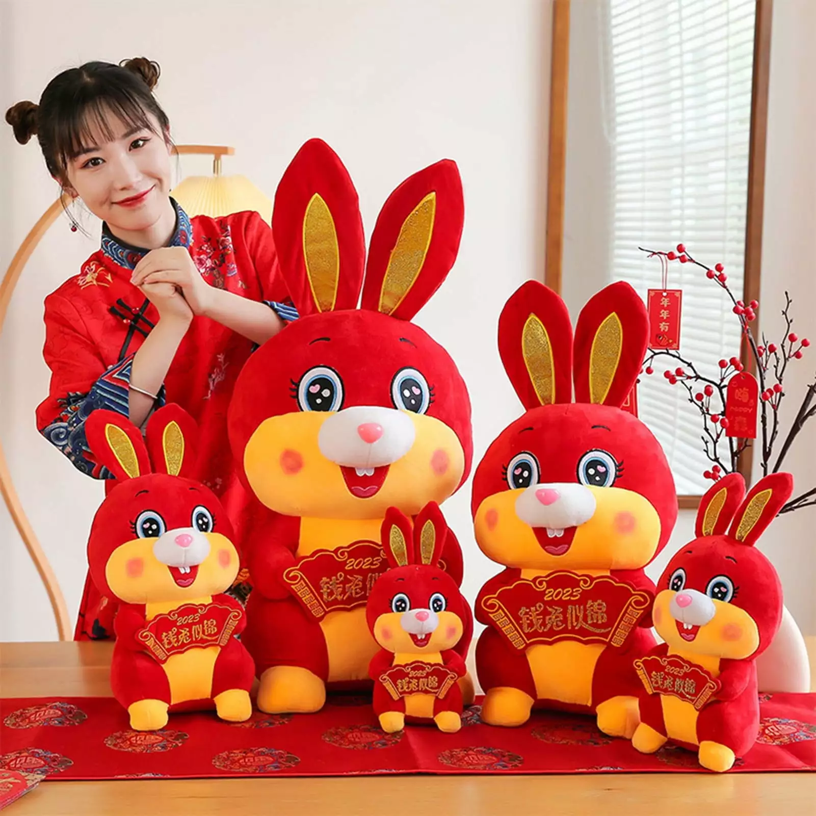 Biplut 20/25/30/40cm Plush Rabbit Doll Big Front Teeth Cute Red Color Bunny Doll Hold Blessing Words Sofa Ornament 2023 New Year Chinese Zodiac Animal Doll Stuffed Pillow Toy Festival Gift