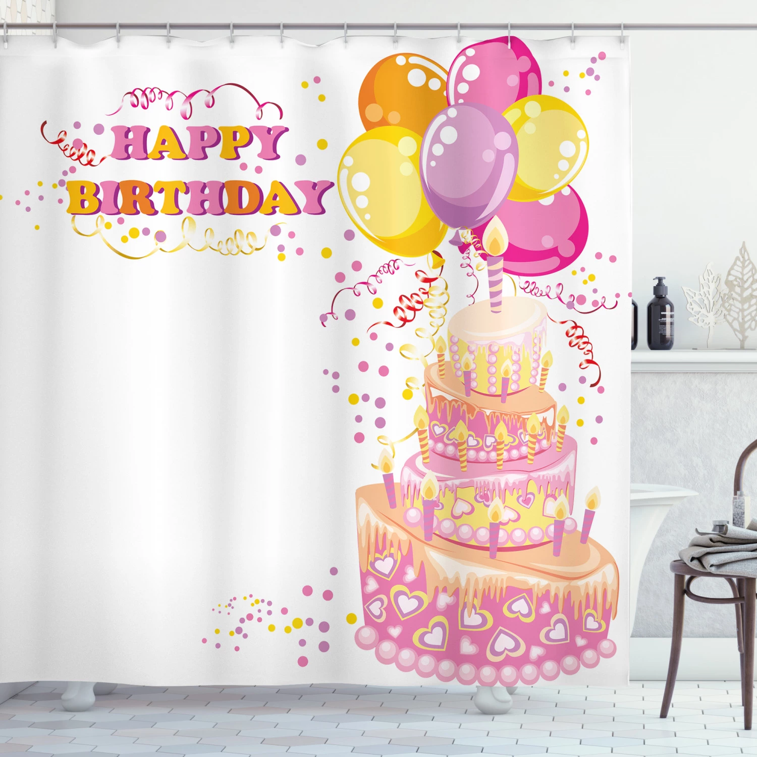 Ambesonne Birthday Party Shower Curtain. Girl Theme Cake. 69Wx84L. Orange and Pink