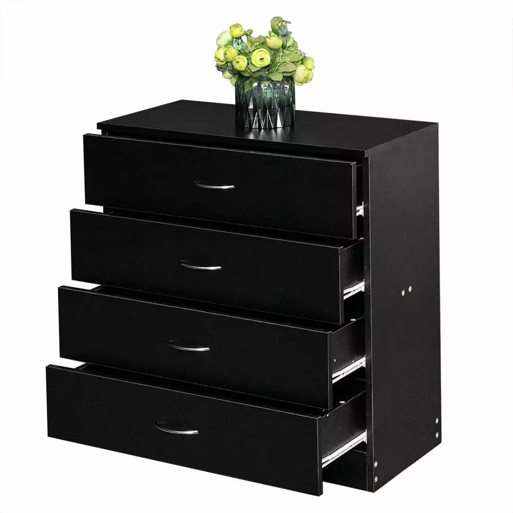 Black 4 Drawer Dresser. Heavy Duty Modern 4-Layer Wood Dresser for Bedroom. Chest of Drawers with Handle for Kids Room. Vertical Storage Cabinet for Bathroom. Closet. Entryway. Hallway.