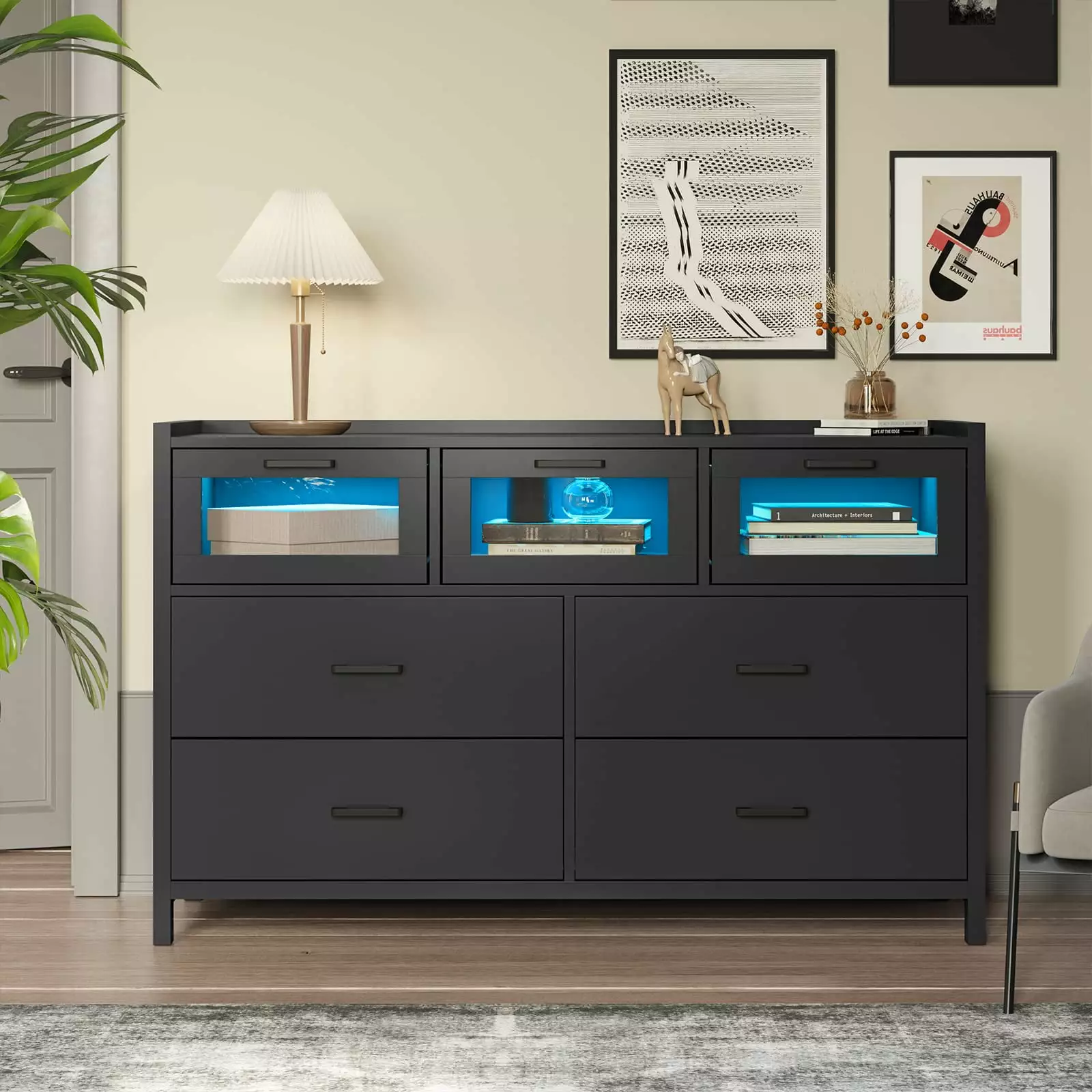 Black 7 Drawer Dressers with LED Lights. Wooden Long Dresser for Bedroom.Dressers & Chests of Drawers.for Bedroom. Kids Room. Hallway