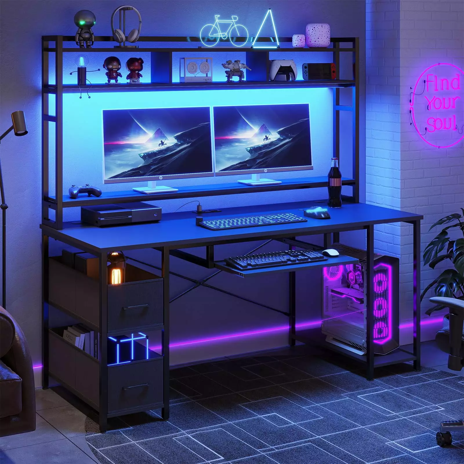 Black Computer Gaming Desk with Bookshelf&LED Lights&Power Outlet.55 inches Home Office PC Table Workstation for Study Room with 2 Drawers&Storage Shelves