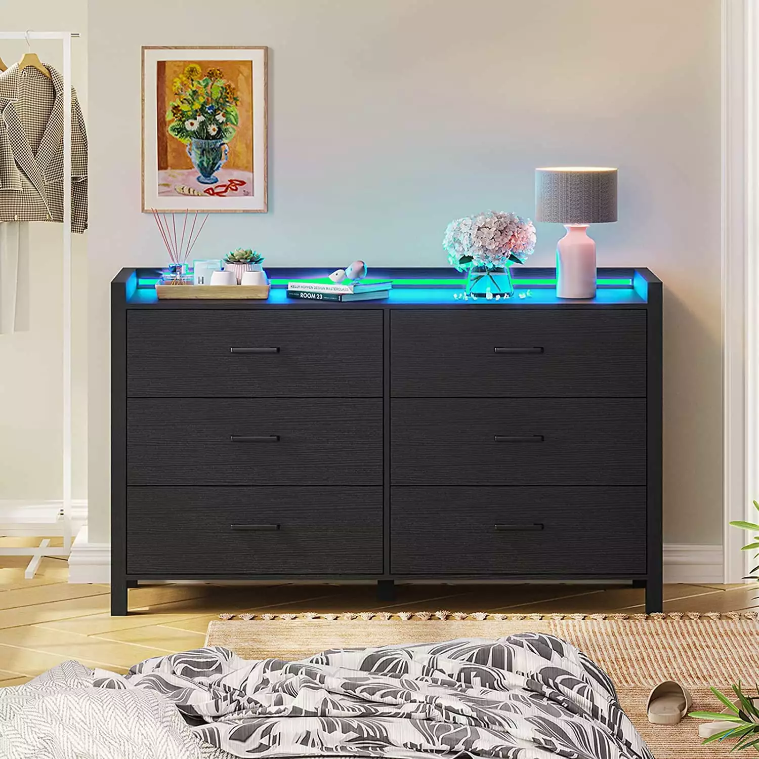 Black Dresser for Bedroom. 6 Drawer Double Dresser with LED Lights. Wood Chest of Drawers. Modern Storage Dresser for Bedroom