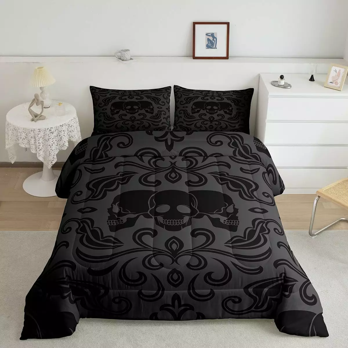 Black Gothic Skull Bedding Set Halloween Twin Bedding Comforter Sets For Teen Boys Men.Vintage Black Grey Damask Comforter Set Antique Victorian Baroque Floral Quilt Reversible.1 Pillow Case