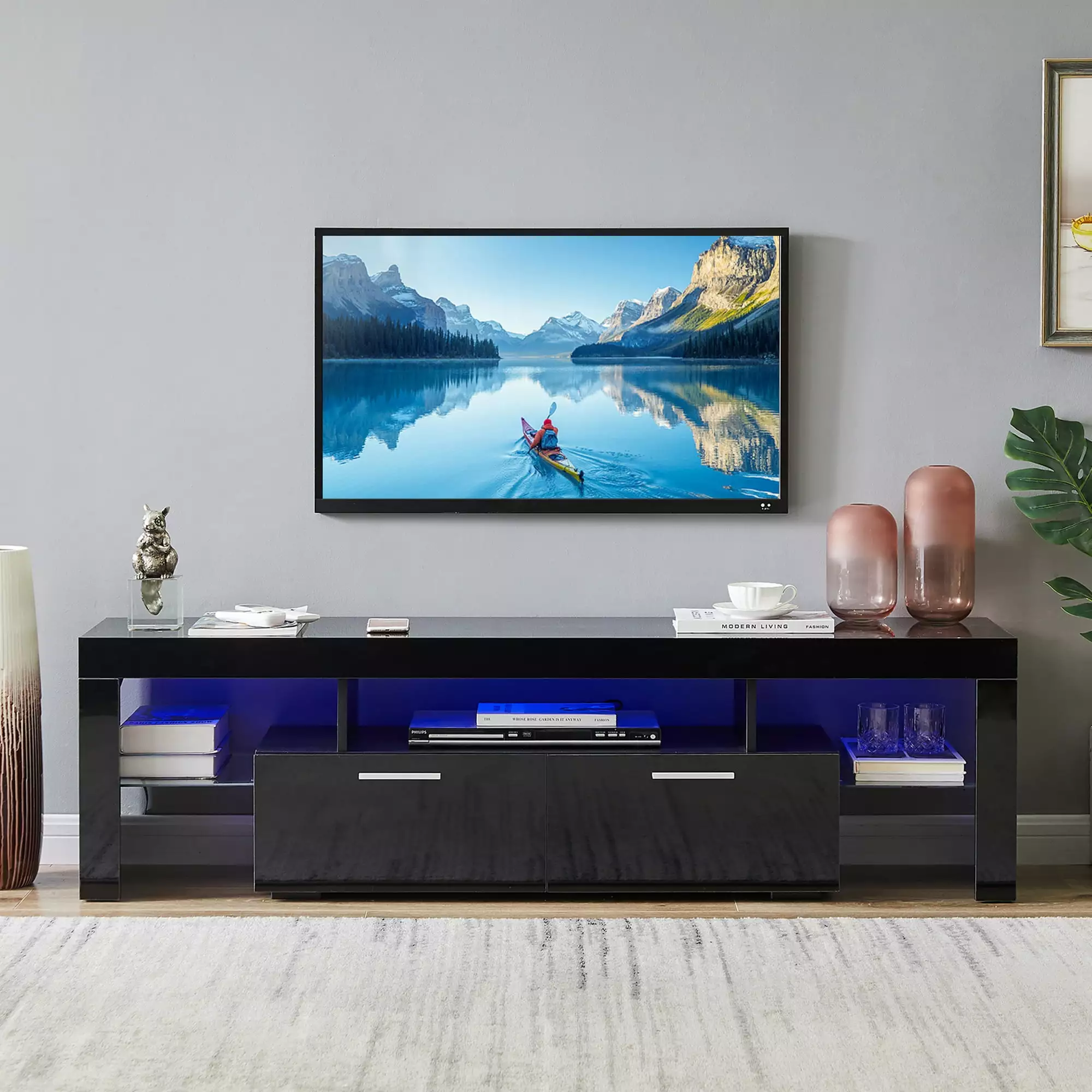 Black TV Stand with 16 Colors LED Remote Control Lights. TV Console Cabinet Table for TV up to 70. Media Console Entertainment Center for Living Room with Storage Cabinets and Shelves