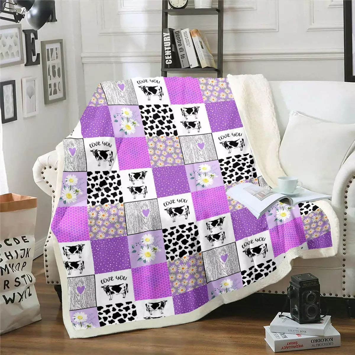 Black White Milk Cow Print Blanket.Rustic Farmhouse Animal Skin Throw Blanket Daisy Flower Fleece Blanket 50x60.Purple Checked Plaid Patchwork Grid Sherpa Blanket.Beehive Heart Girls