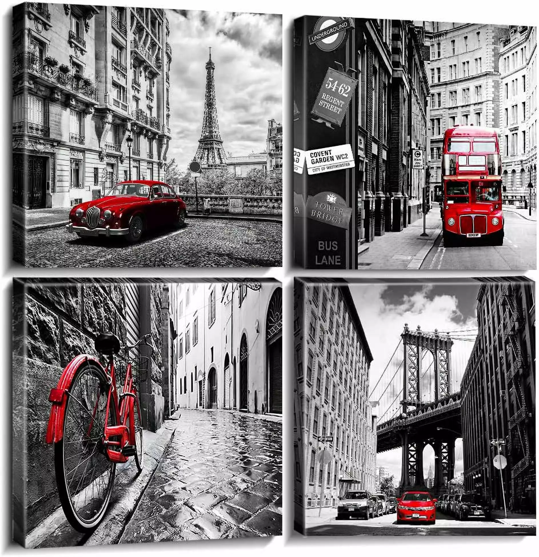 Black and White Wall Art for Living Room Red Wall Decor Paris Themed Bedroom Bathroom Pictures London Eiffel Tower Landscape Canvas Artwork New York City Art Painting Office Home Decorations 12??12 4