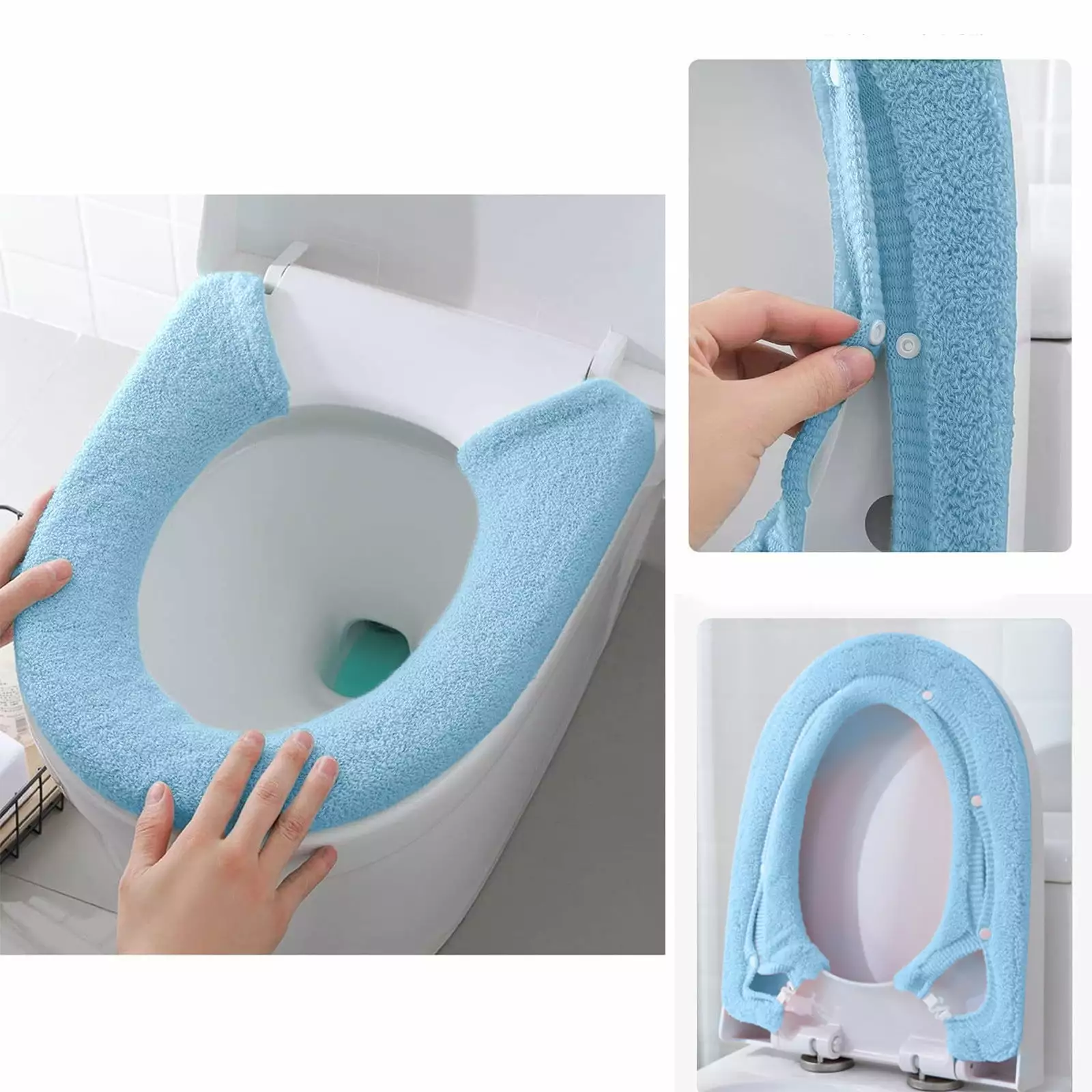 Blateno Toilet Seat Cover Bathroom Soft Thicker Warmer With Snaps Fixed Stretchable Washable Fiber Cloth Toilet Seat Covers Pads Reusable Easy Installation Cleaning