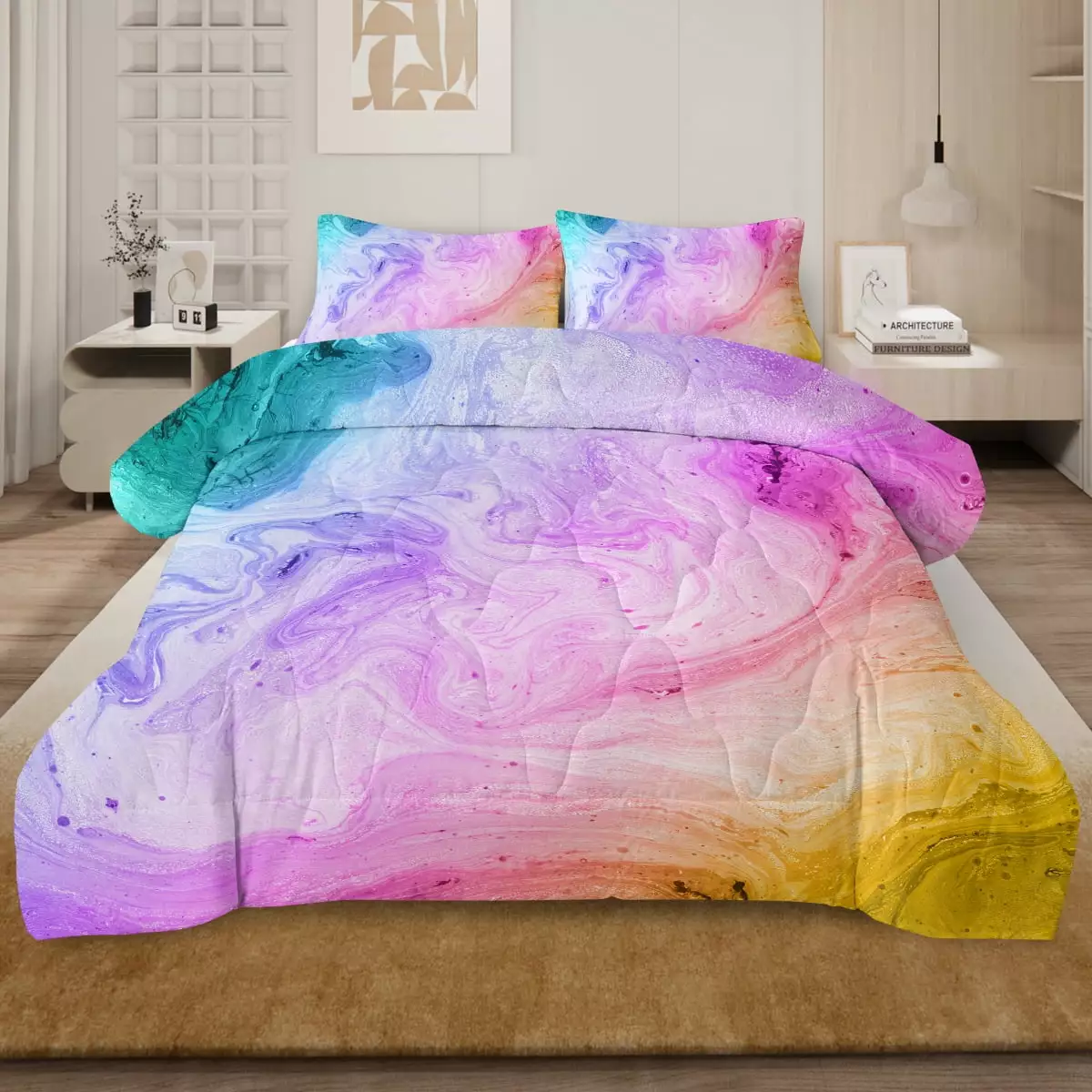 Blessliving 3-Piece Tie Dye Comforter Set with 2 Pillowcases. Blue Pink. Full Size