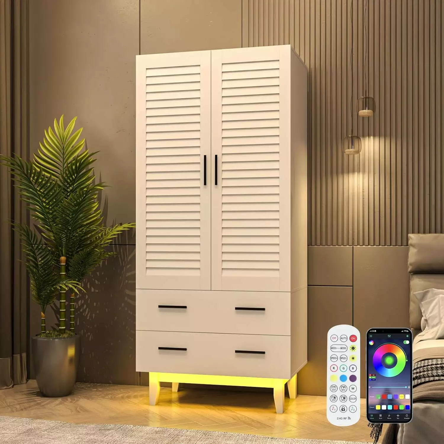 Blotout 70 Tall Armoire Wardrobe with LED Lights & 2 Drawers . 2 Door Wood Wardrobe Armoire with Multi-Layer Shelves & Hanging Rod. Large Capacity Storage Cabinet w/Louver Doors. White