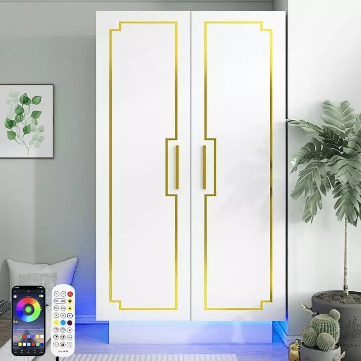 Blotout Modern 70in LED 2 Doors Armoires Wardrobe Closet&Cabinet with Hanging Rod. Freestanding Bedroom Armoires with RGB LED 6000-color Lights. Wardrobe Clothes Organizer(White-2 Doors)