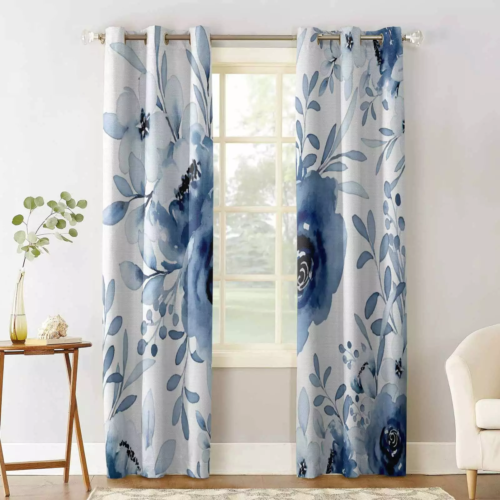 Blue Flower Blackout Curtains 84 Inches Length. Watercolor Paintings Spring Leaves Herb Window Treatment Thermal Insulated Drapes for Bedroom Living Room 2 Panels 84x84 Inches