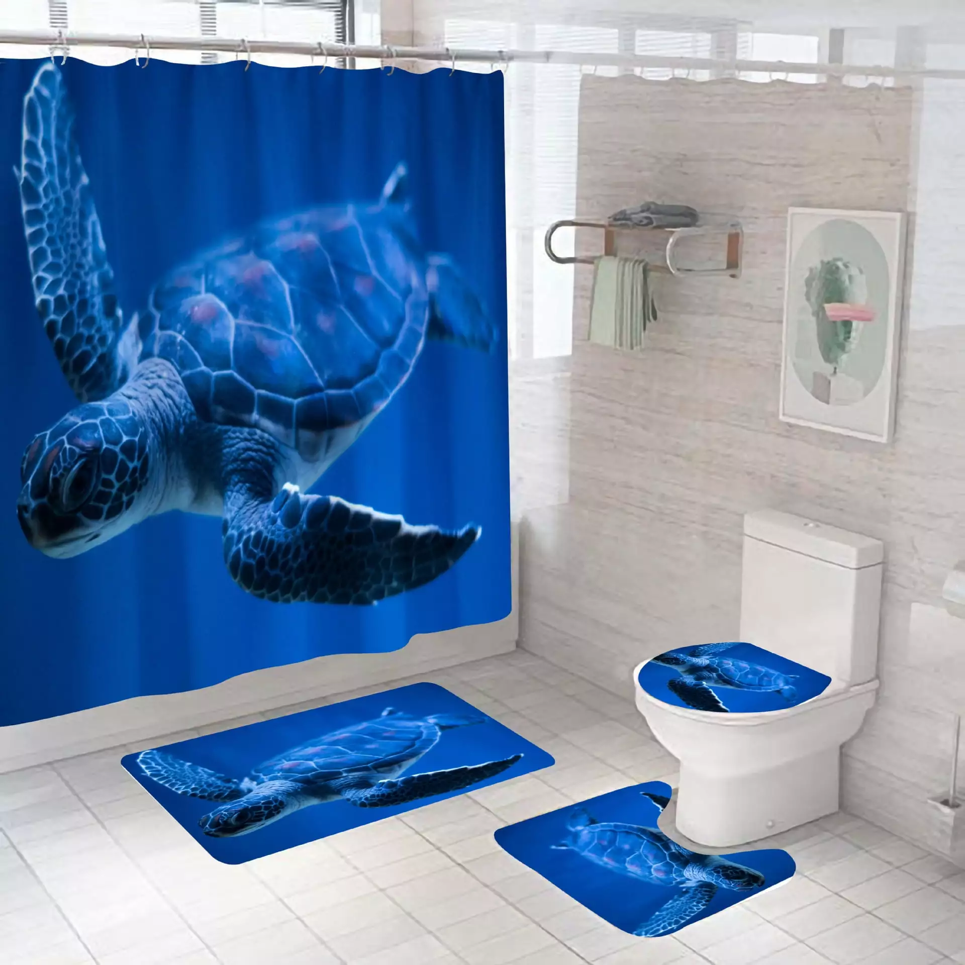 Blue Sea Turtle Shower Curtain and Rug Sets Nautical Bathroom Decor Set. Waterproof Fabric Shower Curtain with 12 Hooks and Toilet Rugs