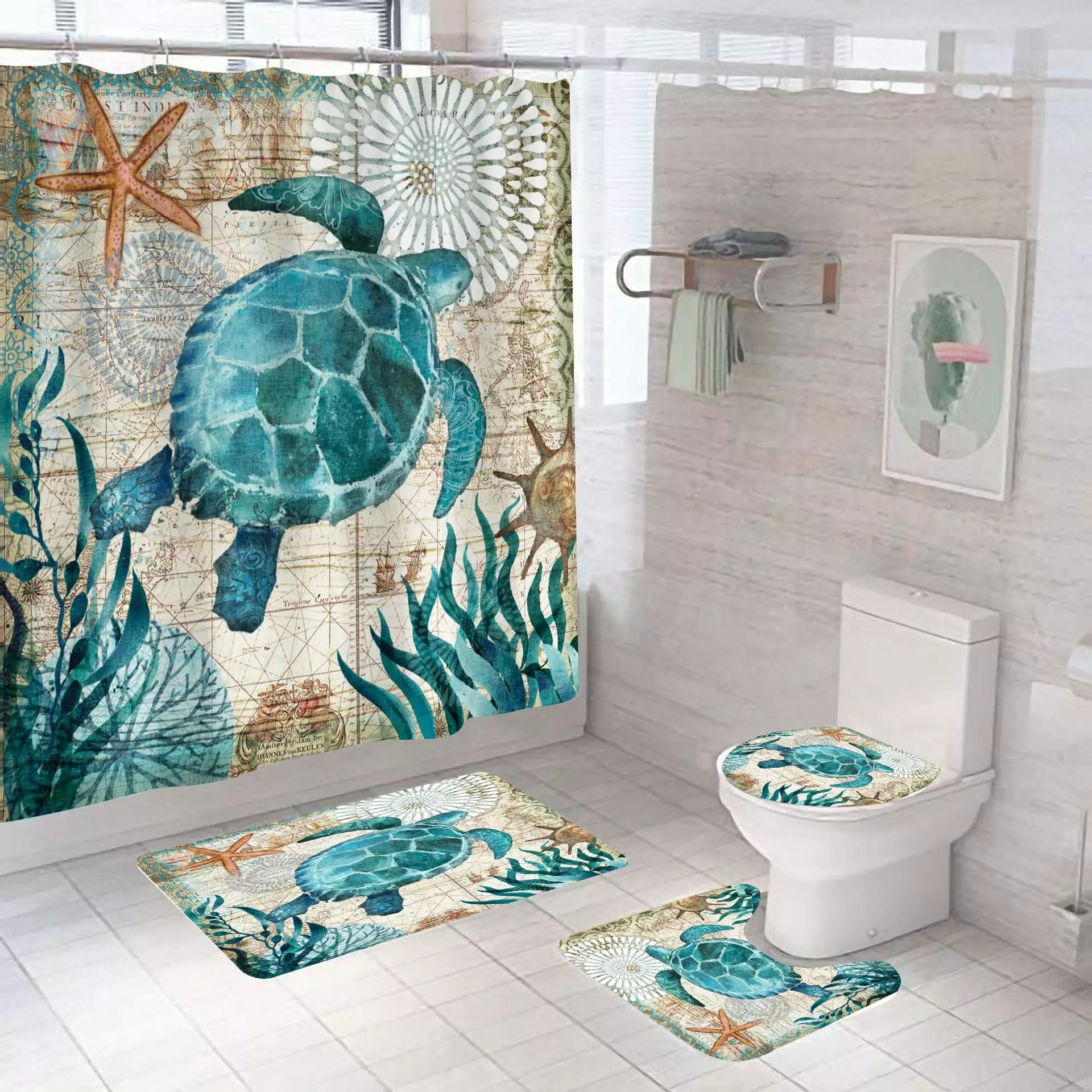 Blue Sea Turtle Shower Curtain and Rug Sets Nautical Bathroom Decor Set. Waterproof Fabric Shower Curtain with 12 Hooks and Toilet Rugs