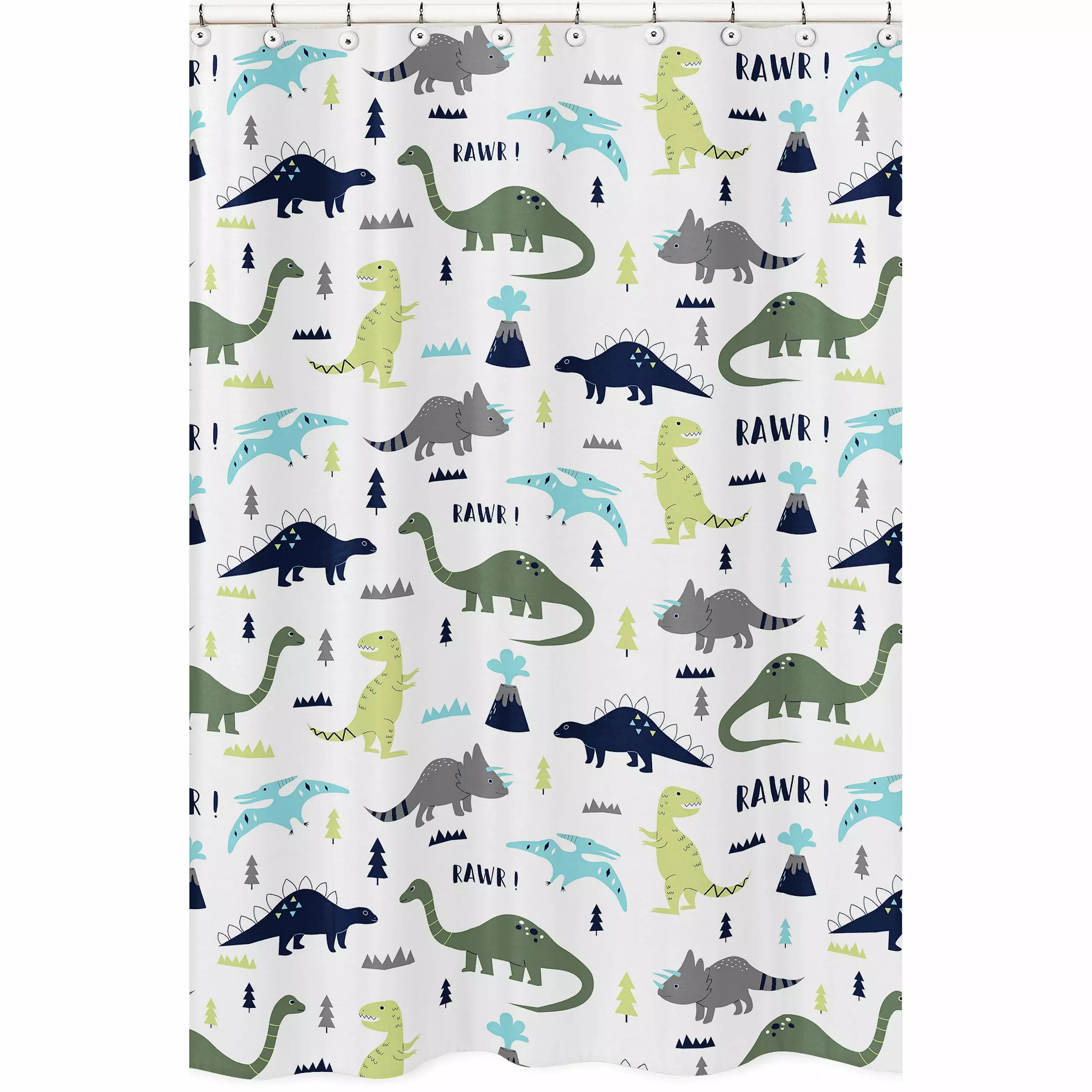 Blue and Green Modern Dinosaur Childrens Kids Bathroom Fabric Bath Shower Curtain