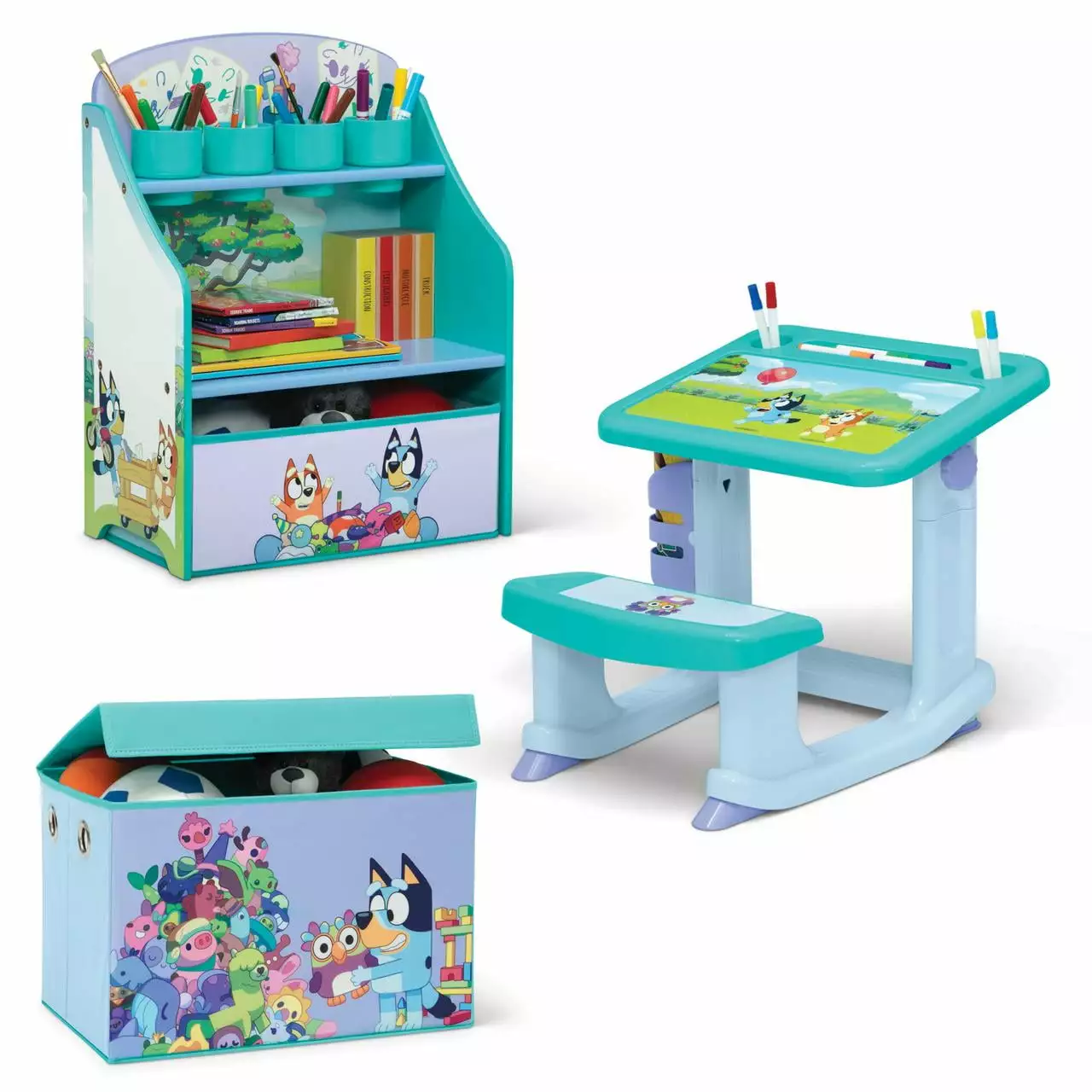 Bluey 3-Piece Art & Play Toddler Room-in-a-Box by Delta Children ?C Includes Draw & Play Desk. Art & Storage Station & Fabric Toy Box. Blue