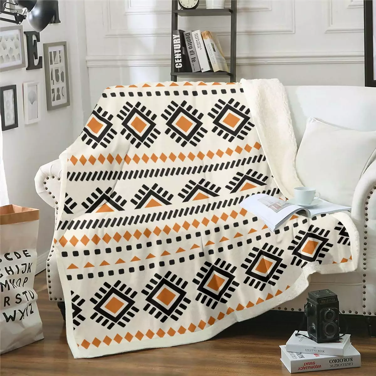 Bohemian Aztec Fleece Blanket Boho Hippie Sherpa Blanket. Western Tribal Pattern Blanket Indian American Throw Blanket for Sofa. Abstract Geometric Flannel Blanket Beige Black Orange