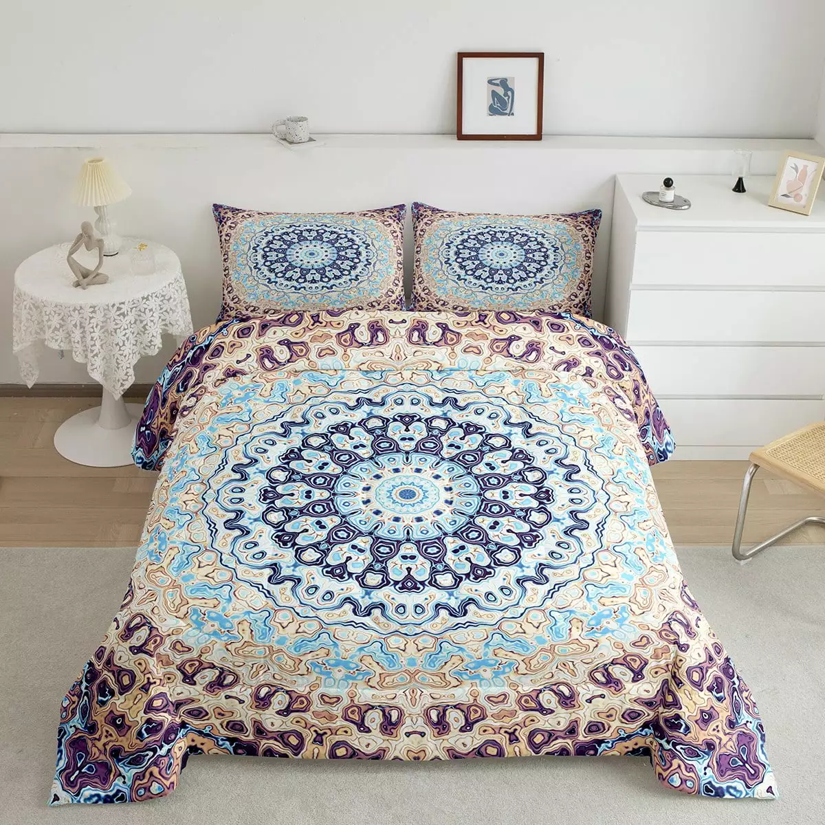 Bohemian Mandala Bedding Set Twin Vintage Persian Comforter Set. Oriental Flower Duvet Insert Abstract Artwork Quilt Comforter. Retro Medallion Bedding Comforters & Sets Navy Blue Beige Puple