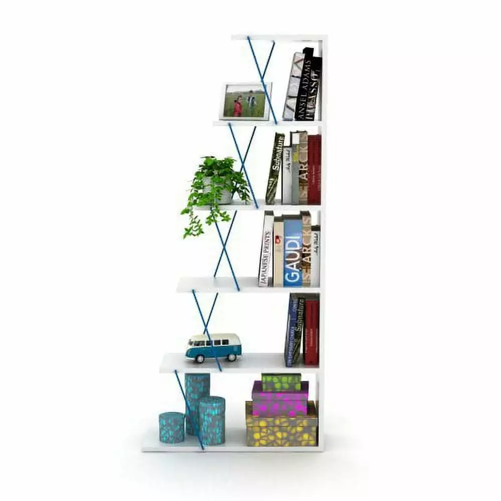 Bookcase Furnish Home Store Modern 5 Tier Ladder Bookshelf Organizers. Narrow Bookshelf for Small Spaces Office Furniture Bookcase. White/Blue