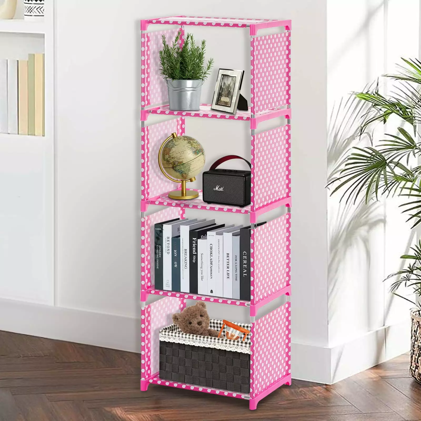 Bookshelf 5 Tier Portable Bookcase 4 Cube Storage Shelves Adjustable Storage Organizer Kid BookShelf for Home Office Bedroom Study