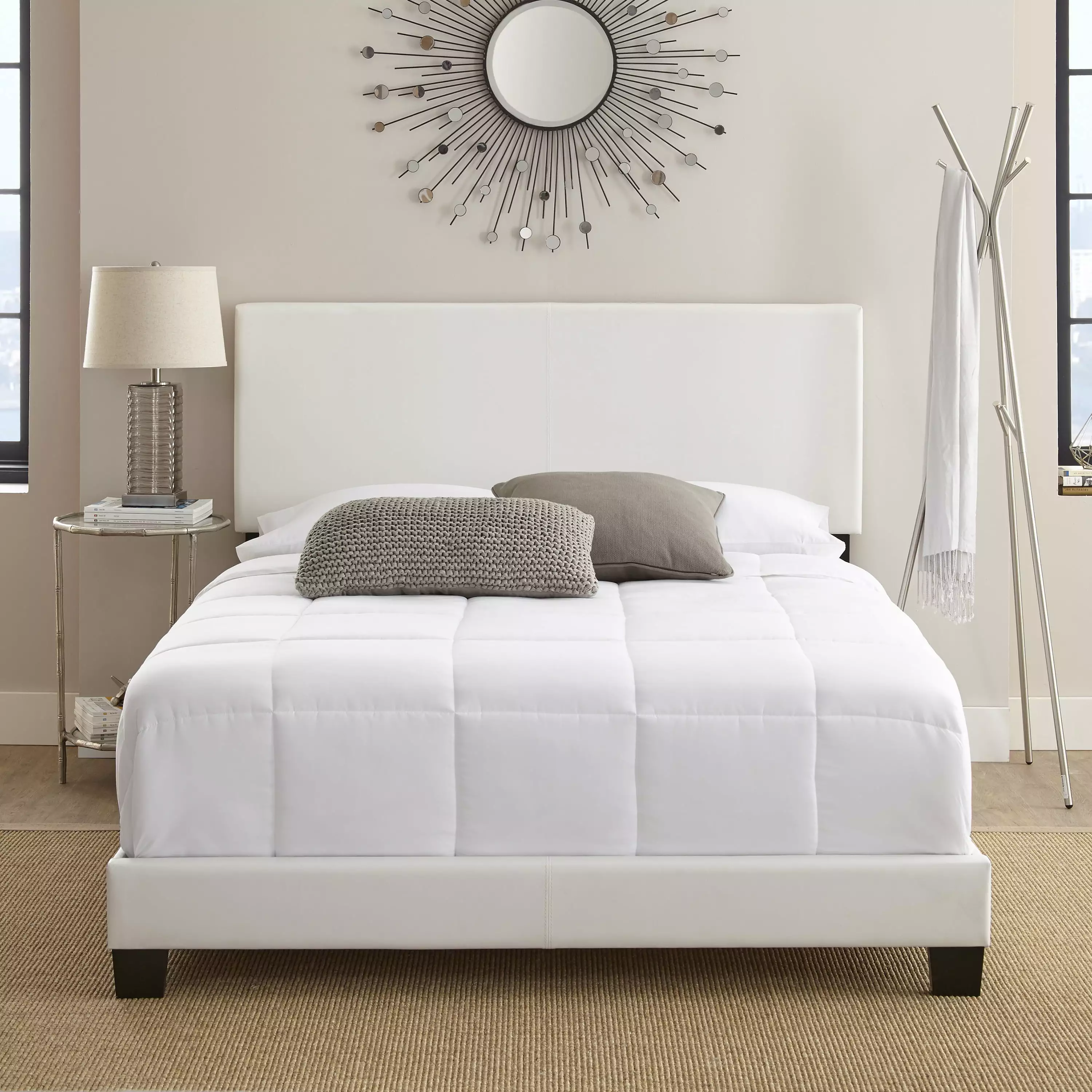 Boyd Sleep Florence Queen Upholstered Platform Bed. Box Spring Required. White Faux Leather