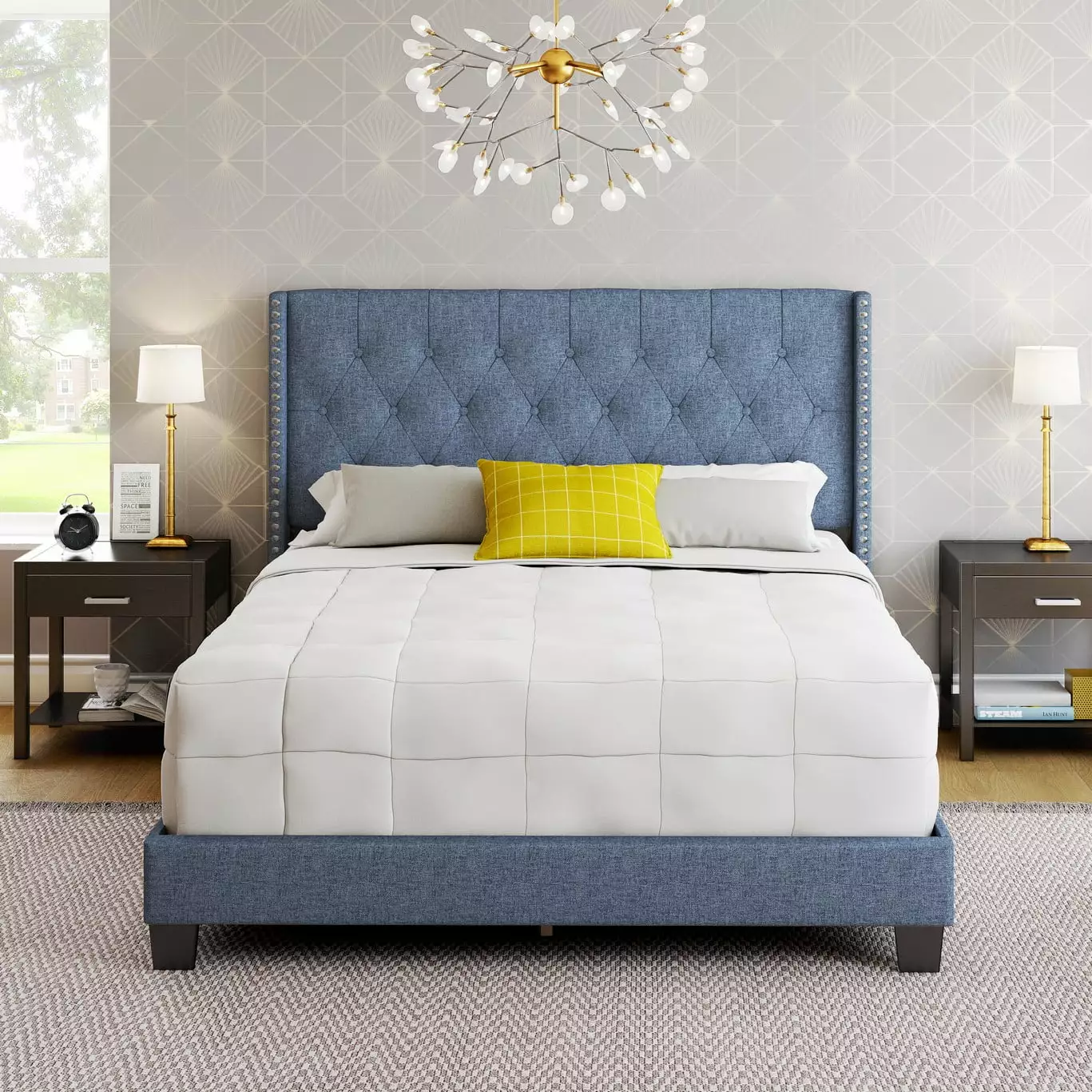 Boyd Sleep Mia Linen Panel Upholstered Platform Bed Frame. Blue. Queen