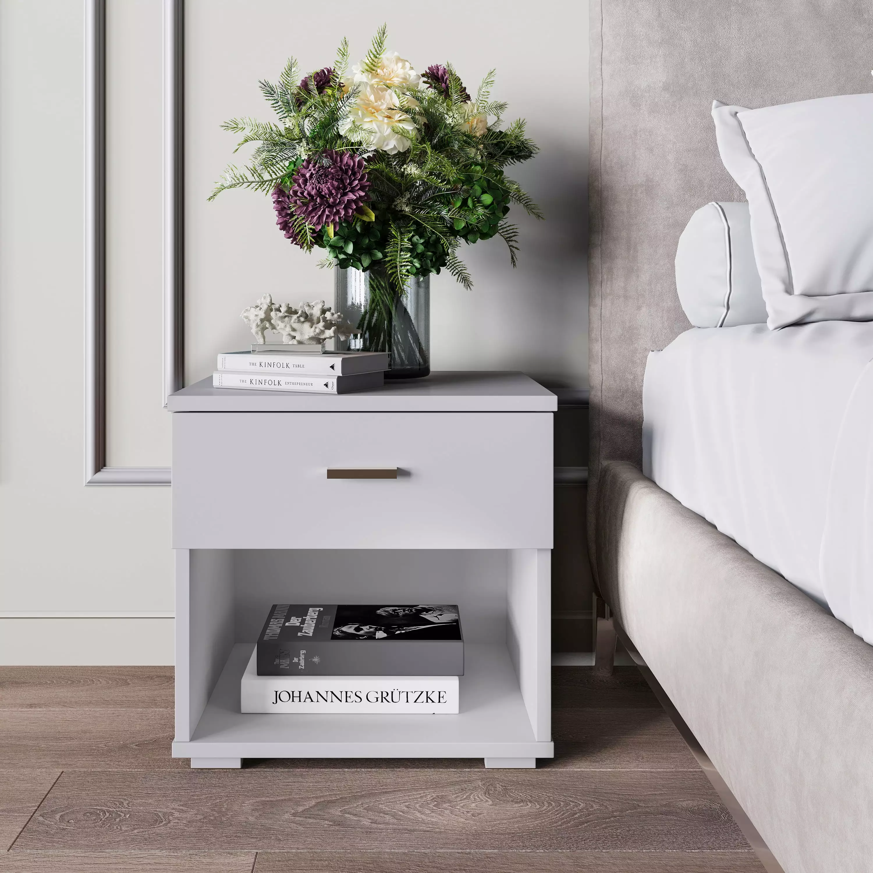 Boyd Sleep Novara One Drawer Nightstand with Open Storage. White