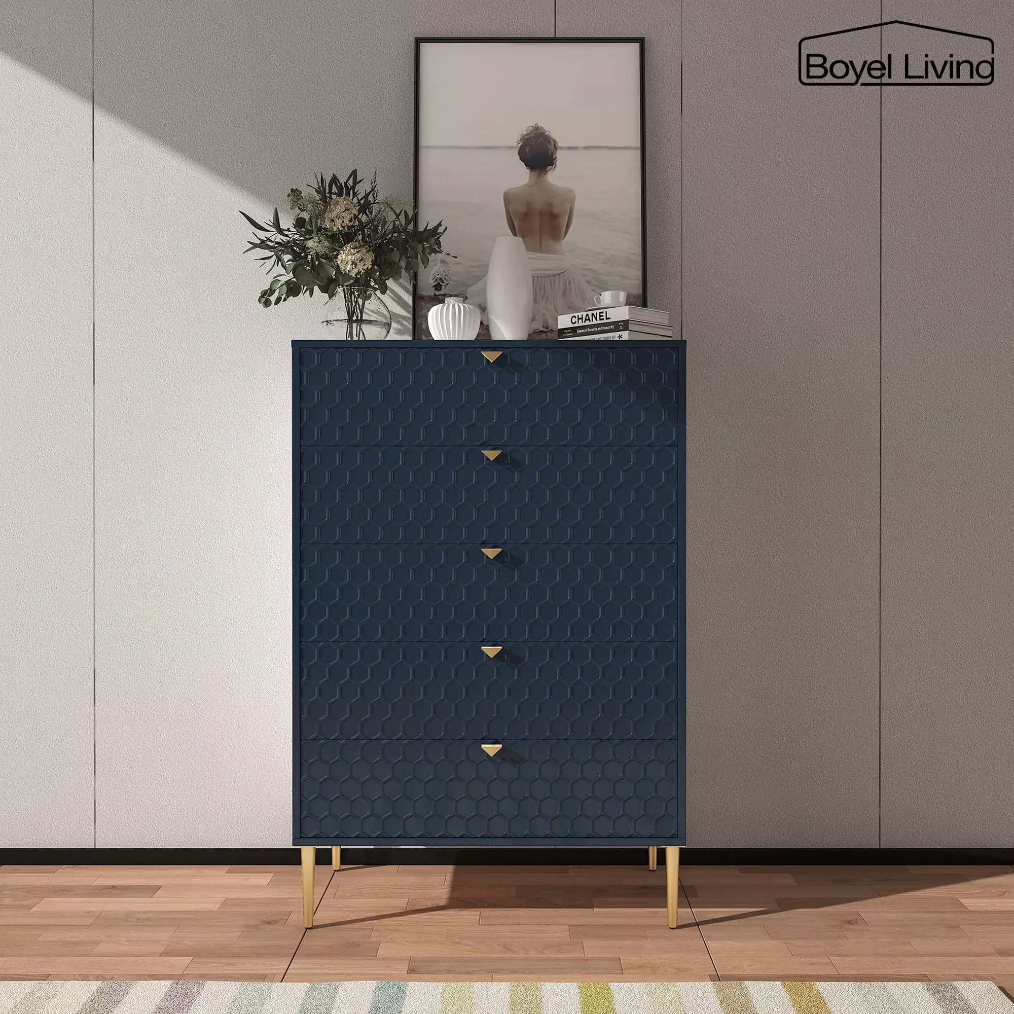 Boyel Living 5 Drawer Dresser Storage Cabinet. Chest of Drawer. Blue Accent Dresser for Living Room. Bedroom