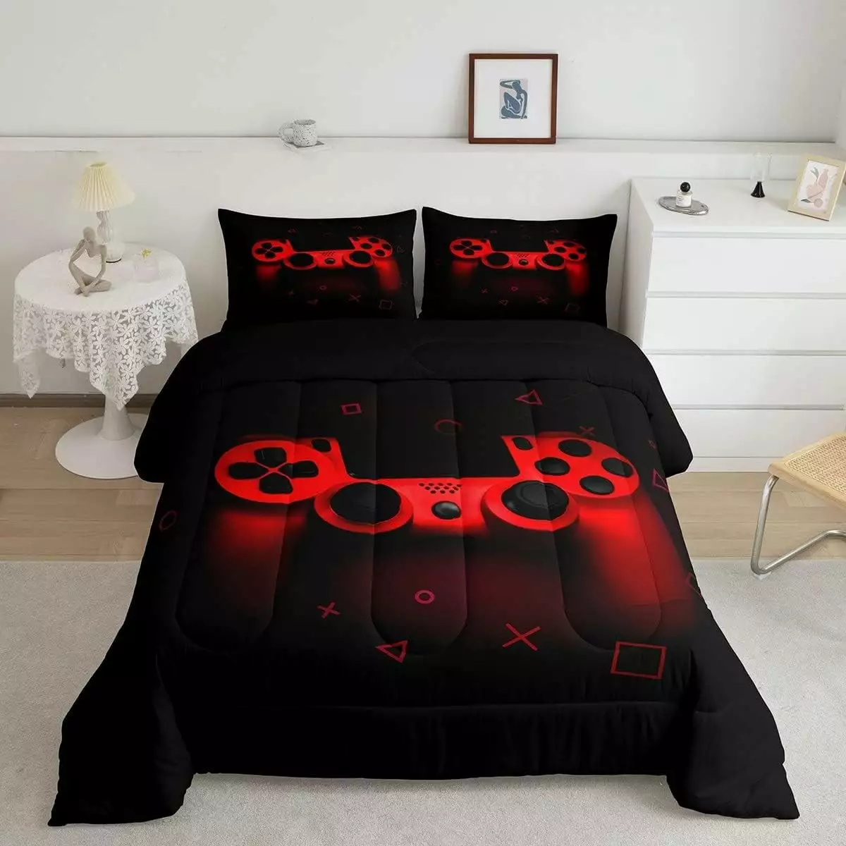 Boys Gamer Comforter Set Twin Size.Gamepad Bedding Set Kids Young Man Video Games Down Comforter for Teen Child Game Room Decor Black Red Classic Retro Gaming Quilted Duvet Set with Pillowcase