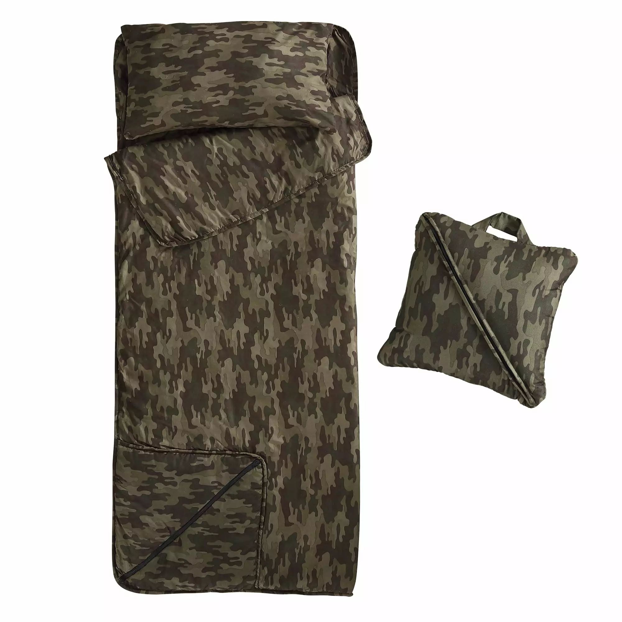 Brielle Home Foldable Printed Sleeping Bag/Nap Mat with Attached Pillow. Camo. 32 x 75 inches