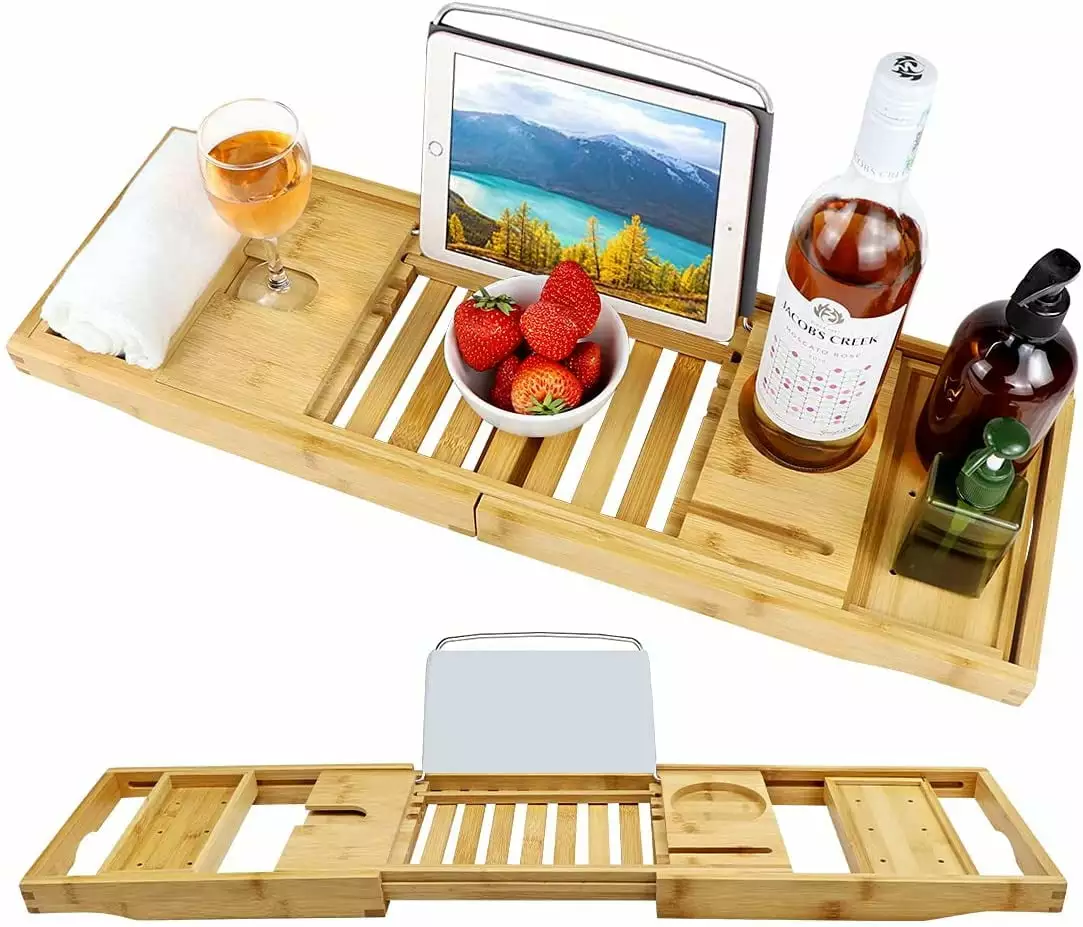 Brizi Living Bamboo Bathtub Caddy Tray for Luxury Bath.Adjustable Organizer Bathtub Caddy Tray for Bathroom