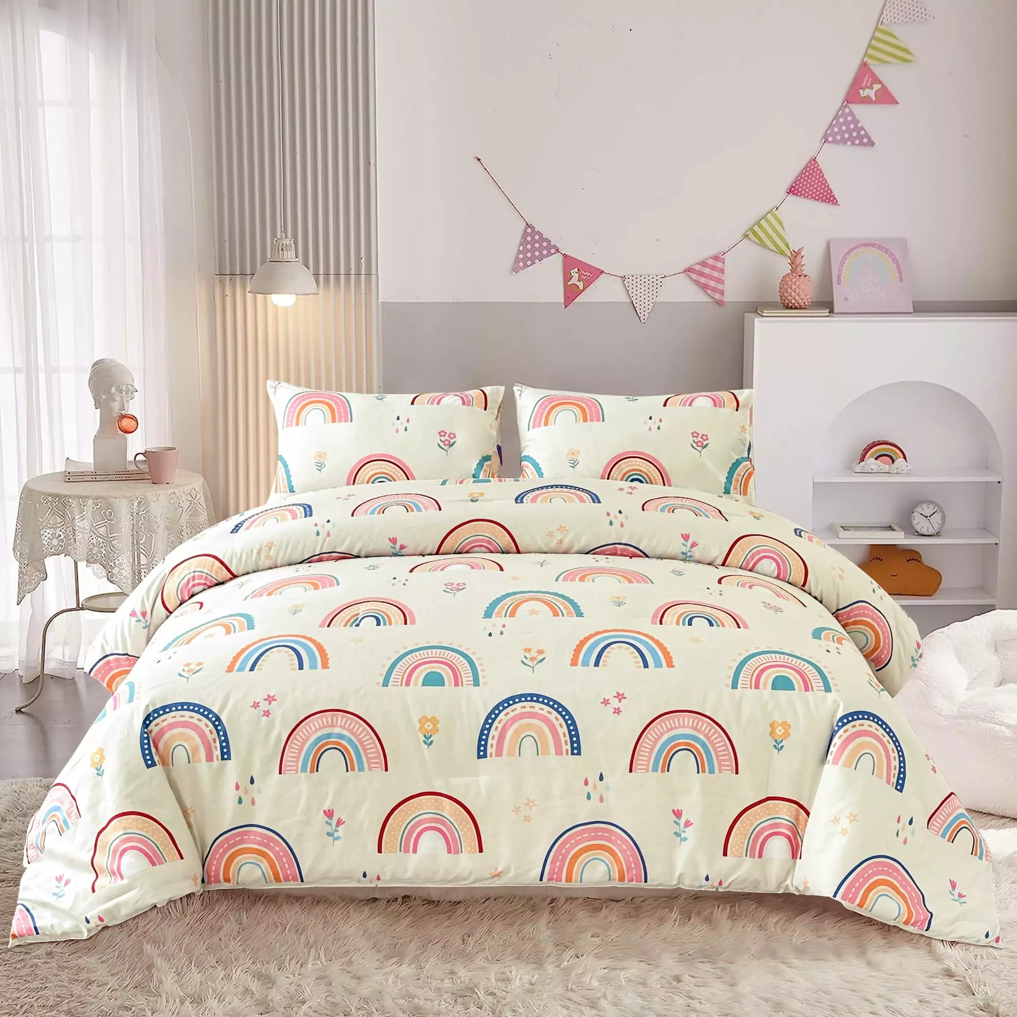 Btargot 3Pcs Colorful Kids Rainbow Twin Comforter Set for Girls Cute Flower Love Heart Quilt Twin Bedding Set