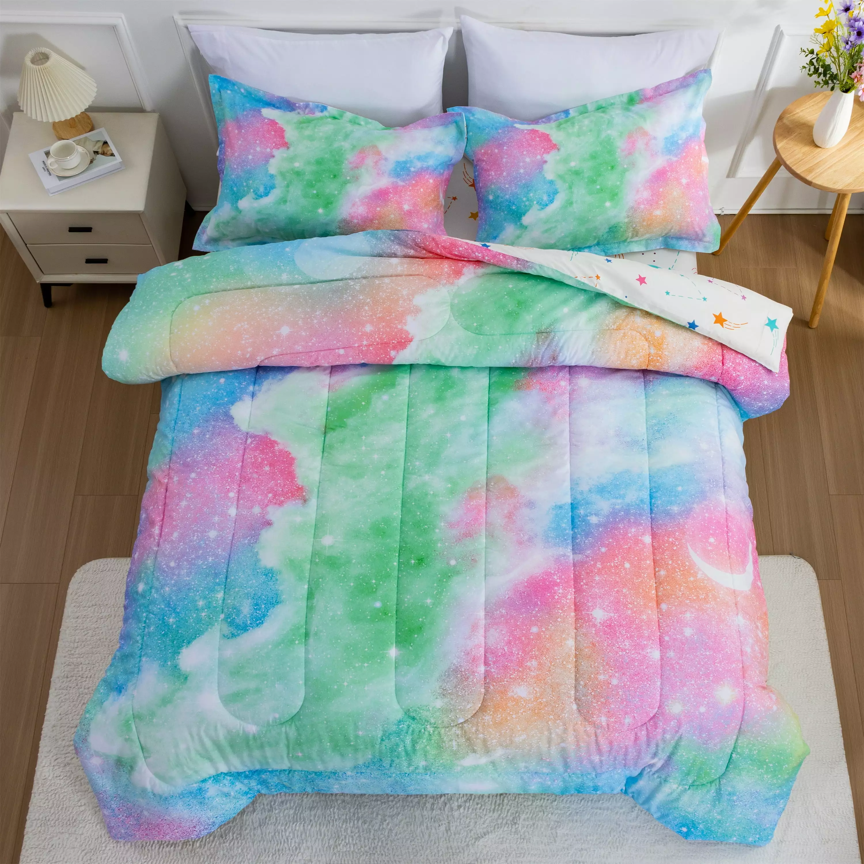 Btargot 3Pcs Galaxy Comforter Set Queen Kids Outer Space Boys Bedding Set Girls Star Glitter Green Pink