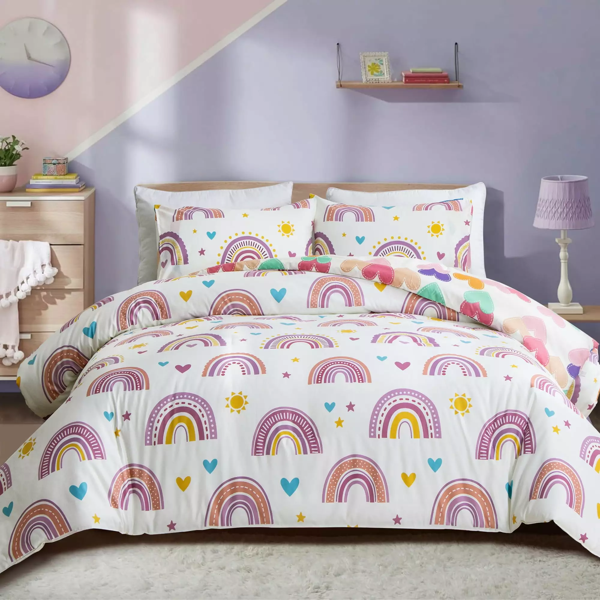 Btargot 3Pcs Purple Kids Rainbow Twin Comforter Set for Girls Cute Flower Love Heart Quilt Kids Bedding Set Bed-in-a-Bag